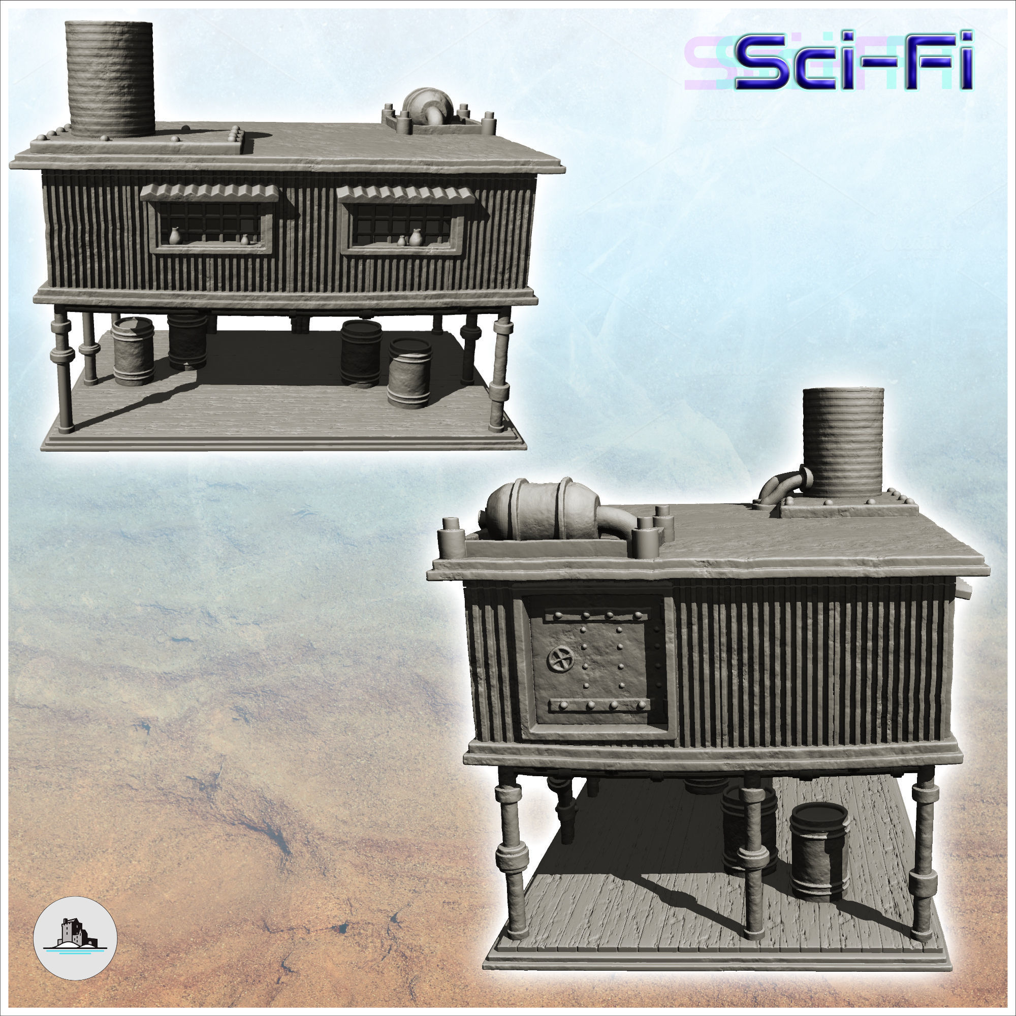 Post-apocalyptic house on stilts with product drums -7- 3D print model_1