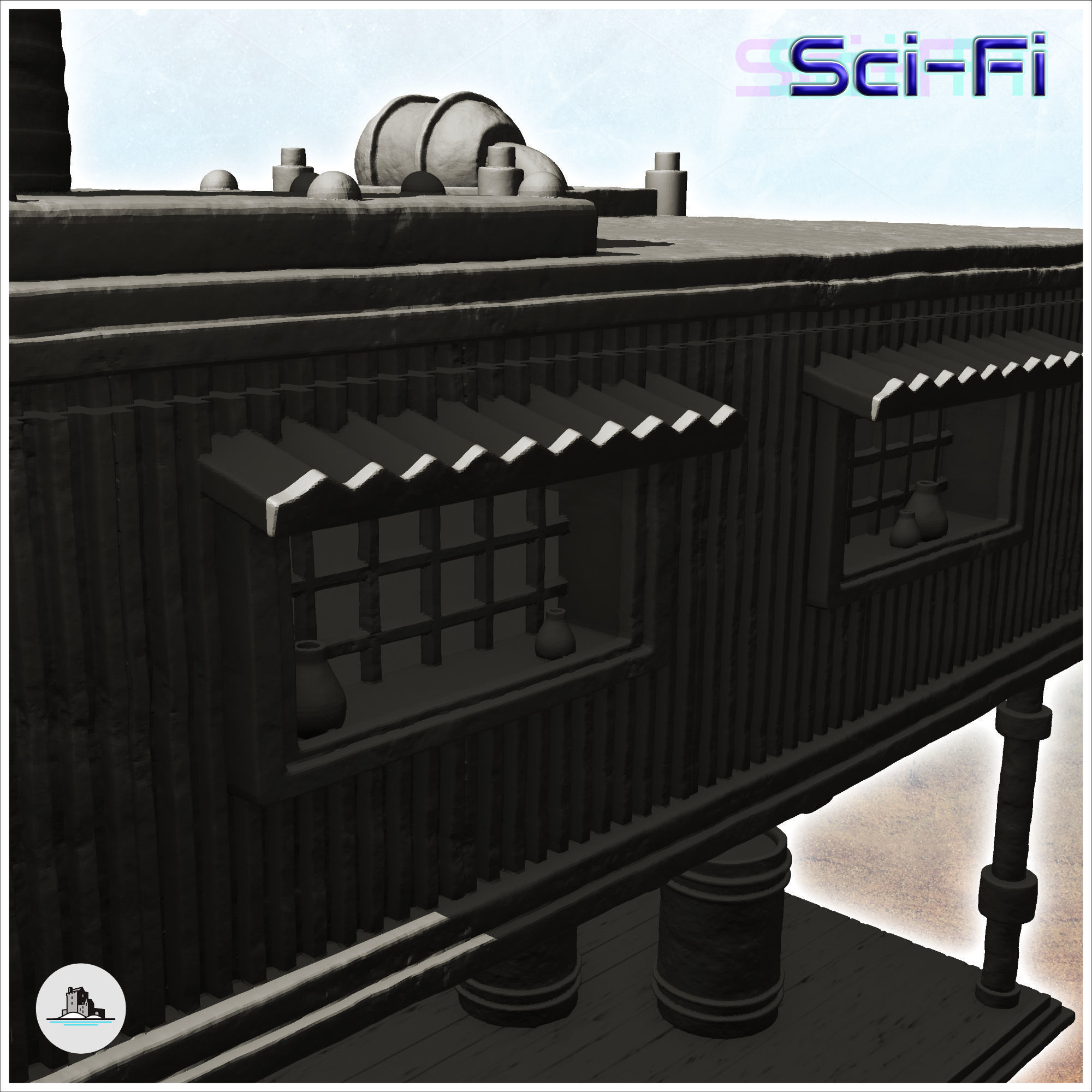 Post-apocalyptic house on stilts with product drums -7- 3D print model_5