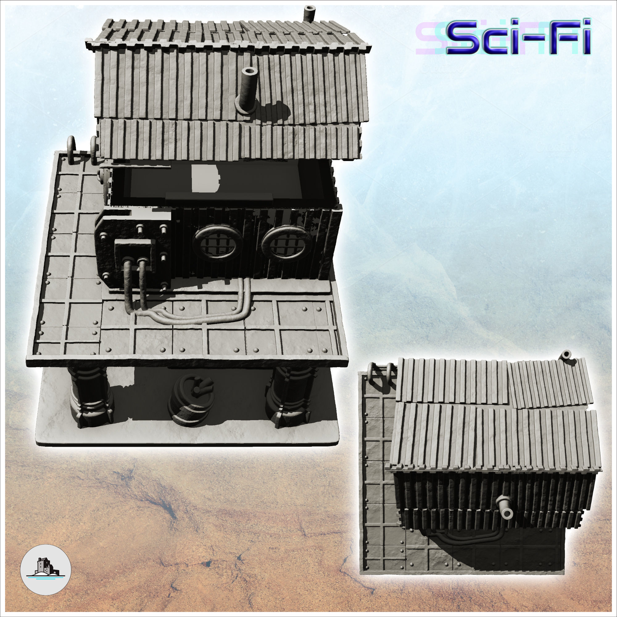 Post-apocalyptic building on two levels with supply pipes -4- 3D print model_3