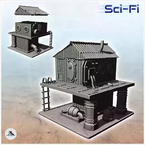 Post-apocalyptic building on two levels with supply pipes -4- 3D print model