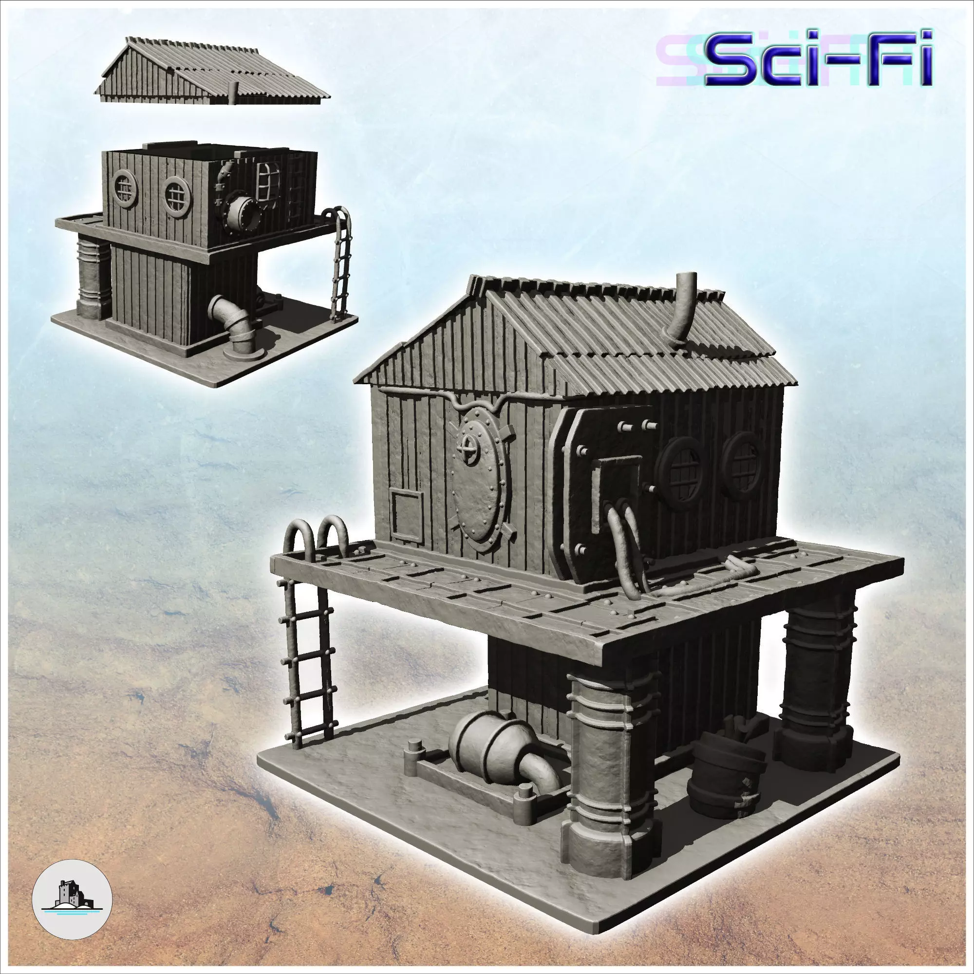 Post-apocalyptic building on two levels with supply pipes -4- 3D print model_0