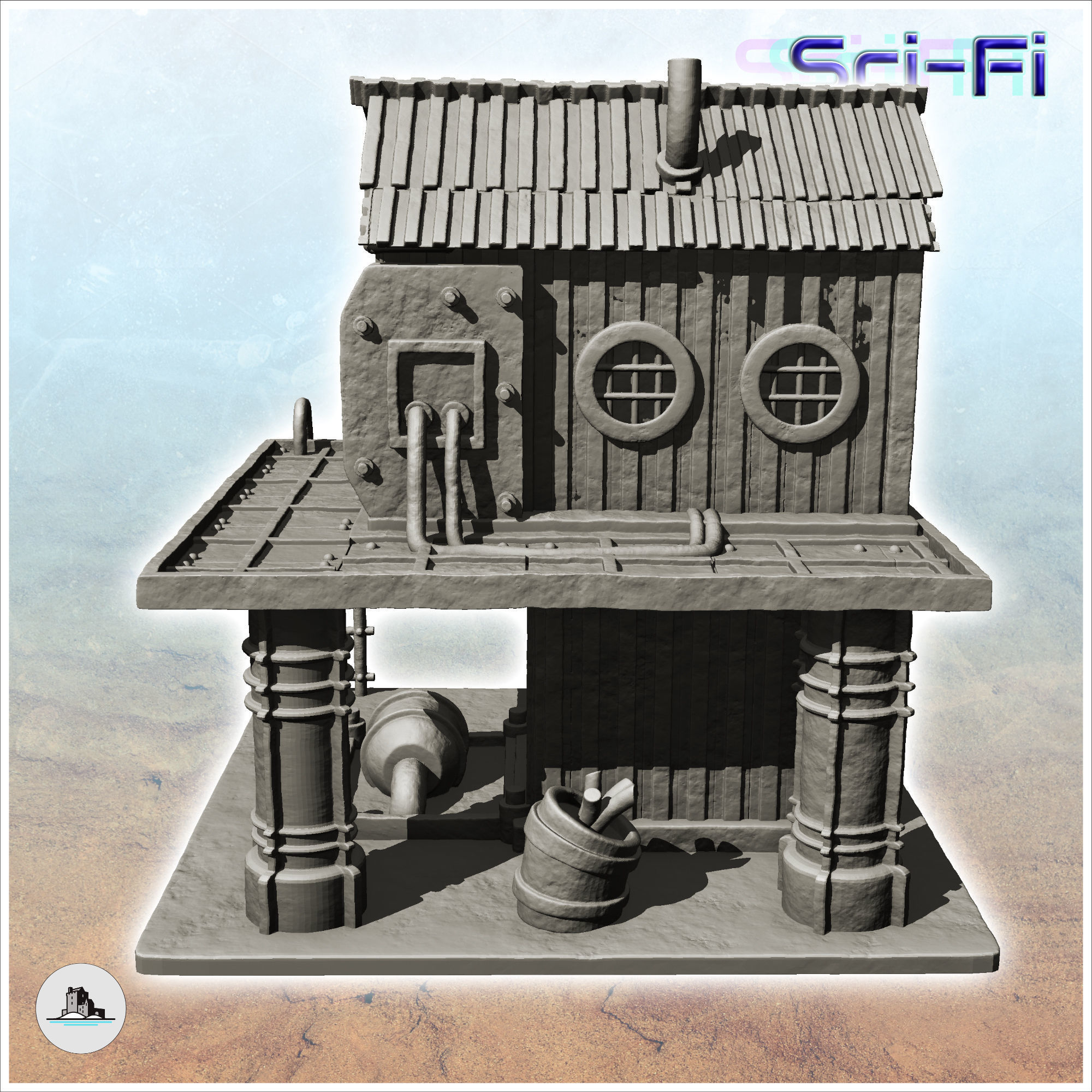 Post-apocalyptic building on two levels with supply pipes -4- 3D print model_4