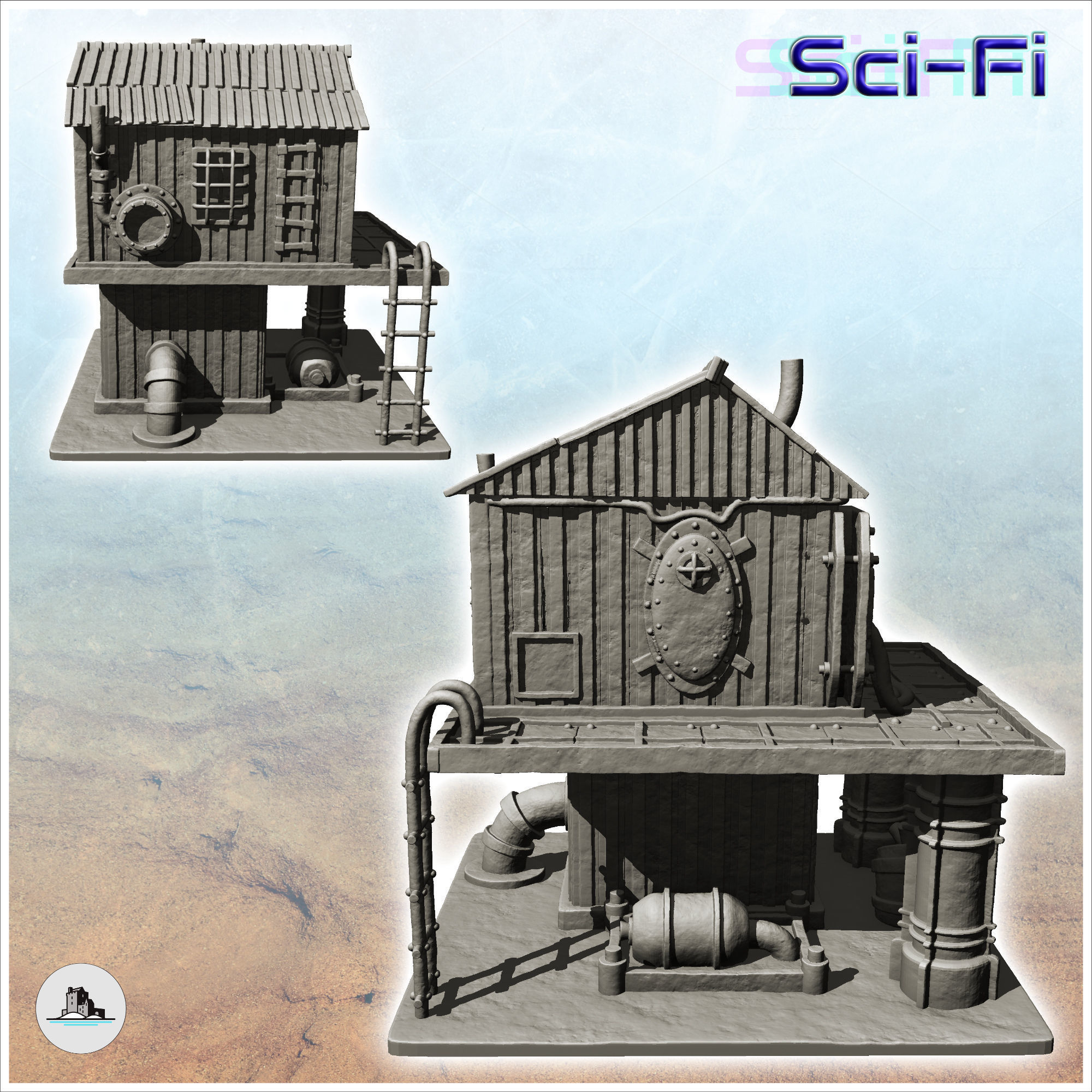 Post-apocalyptic building on two levels with supply pipes -4- 3D print model_2