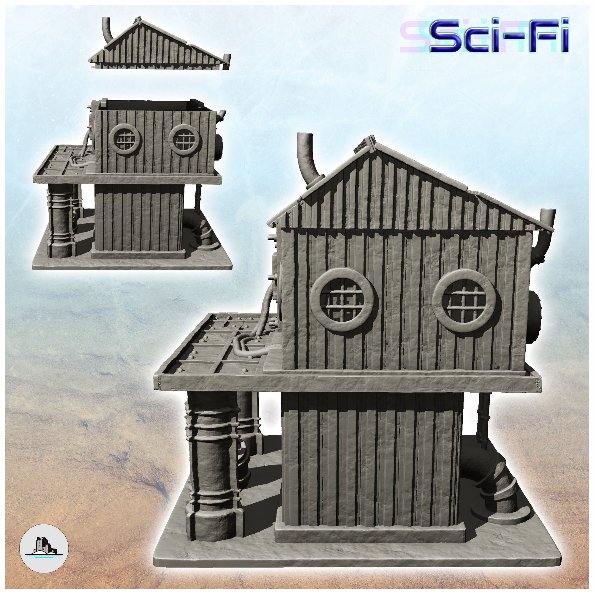 Post-apocalyptic building on two levels with supply pipes -4- 3D print model_1