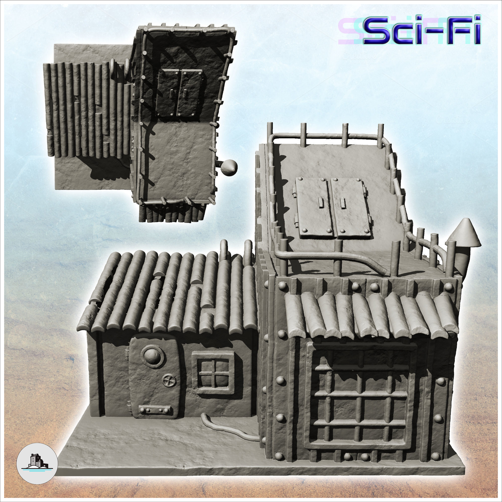 Futuristic sheet metal dwelling with armored door -3- 3D print model_2