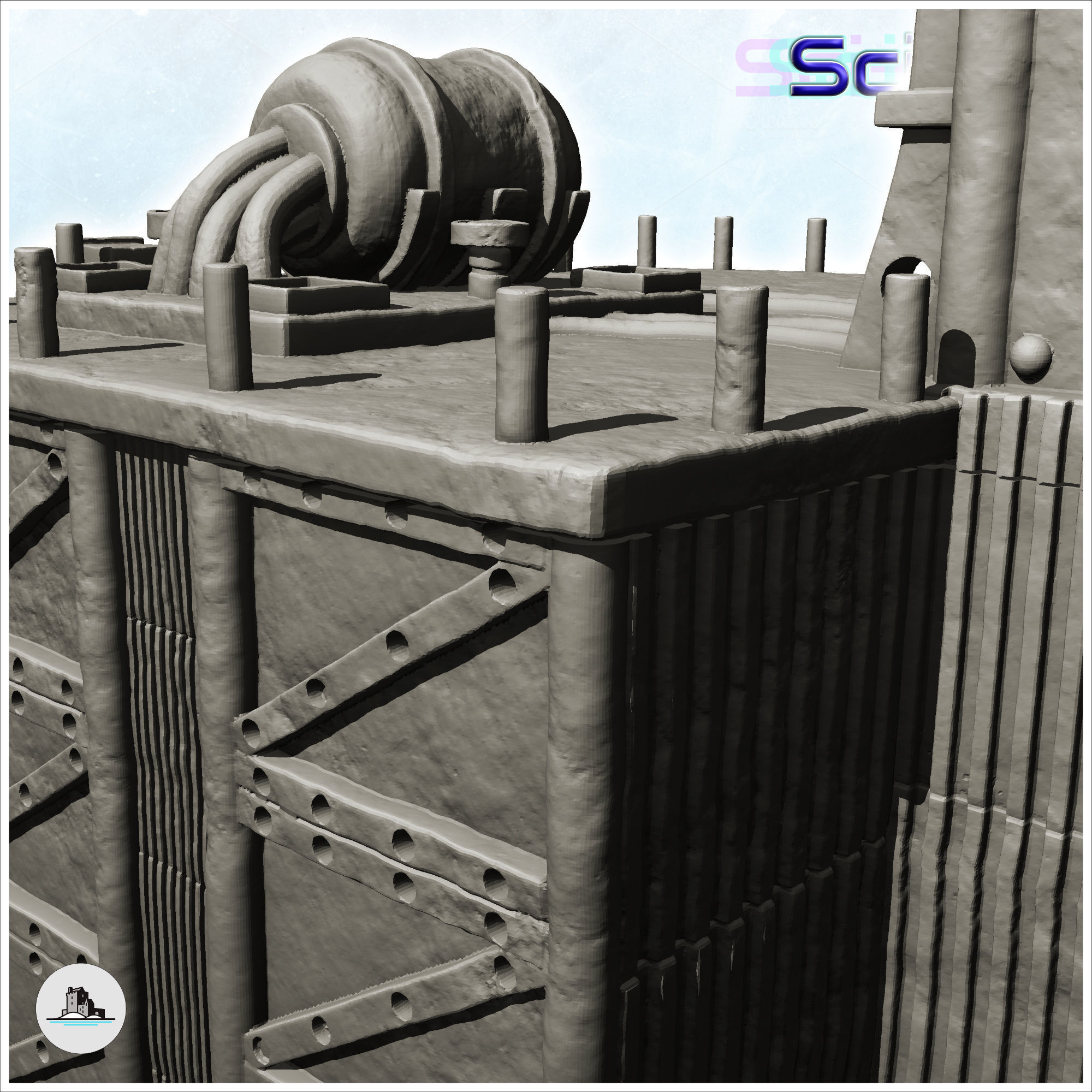 Fortified steel barracks with tank and roof access door -4- 3D print model_5