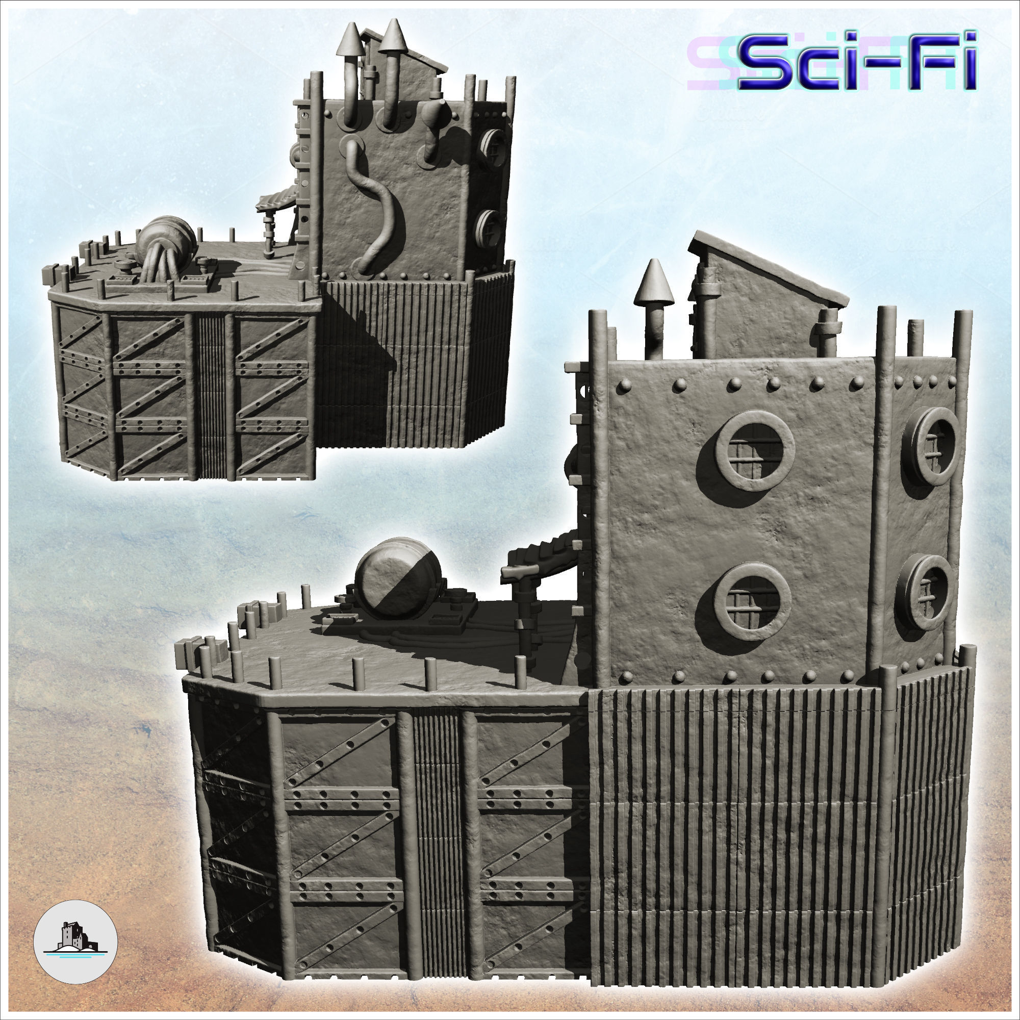 Fortified steel barracks with tank and roof access door -4- 3D print model_2