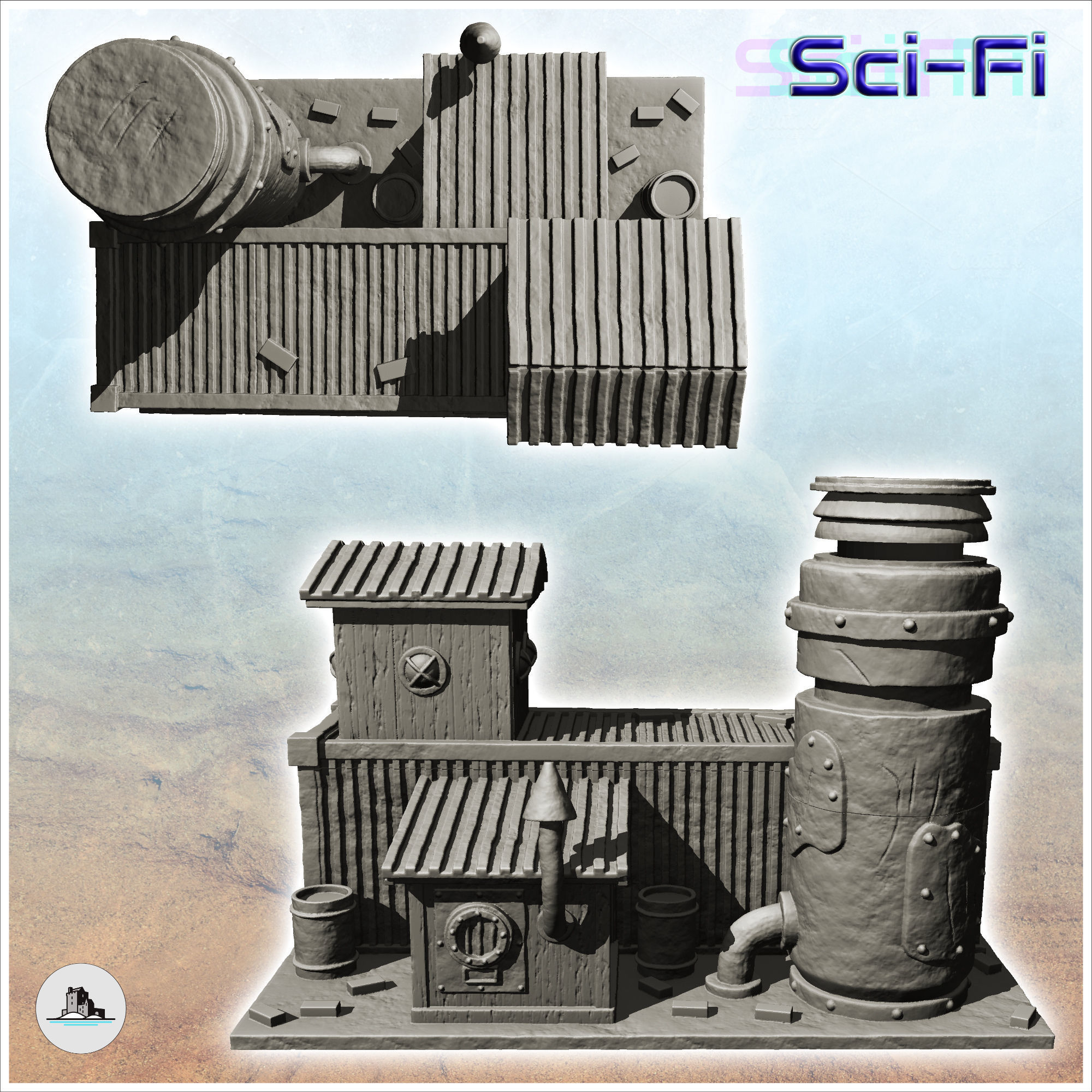 Container-based workshop with large central chimney -6- 3D print model_1