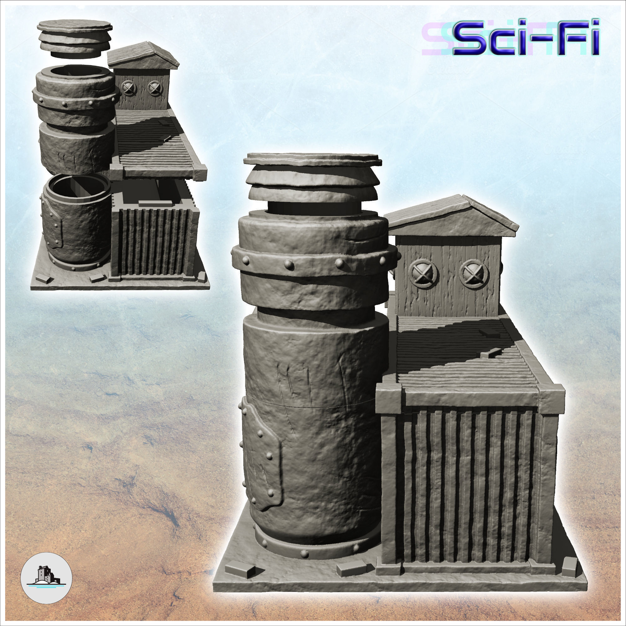 Container-based workshop with large central chimney -6- 3D print model_2