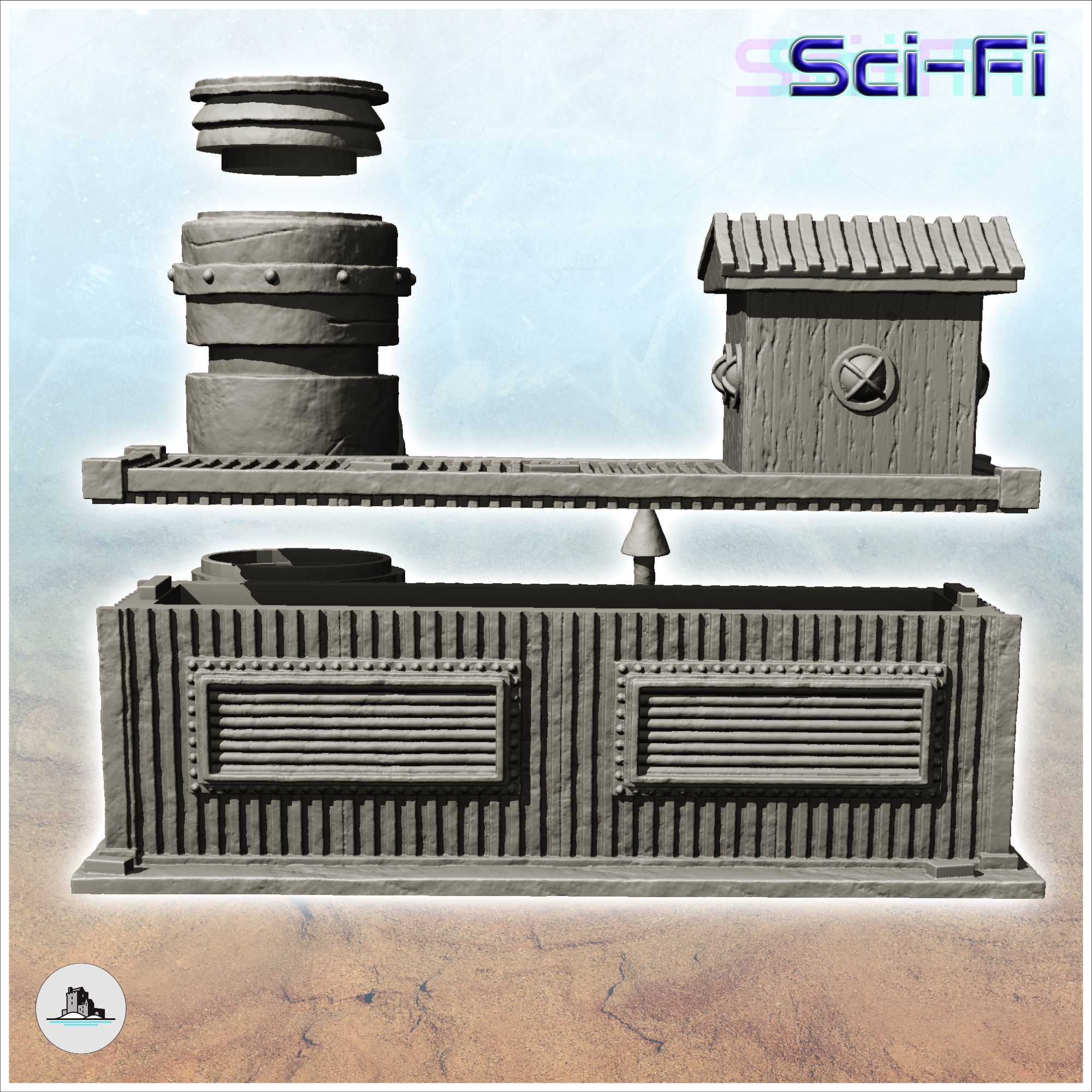 Container-based workshop with large central chimney -6- 3D print model_4