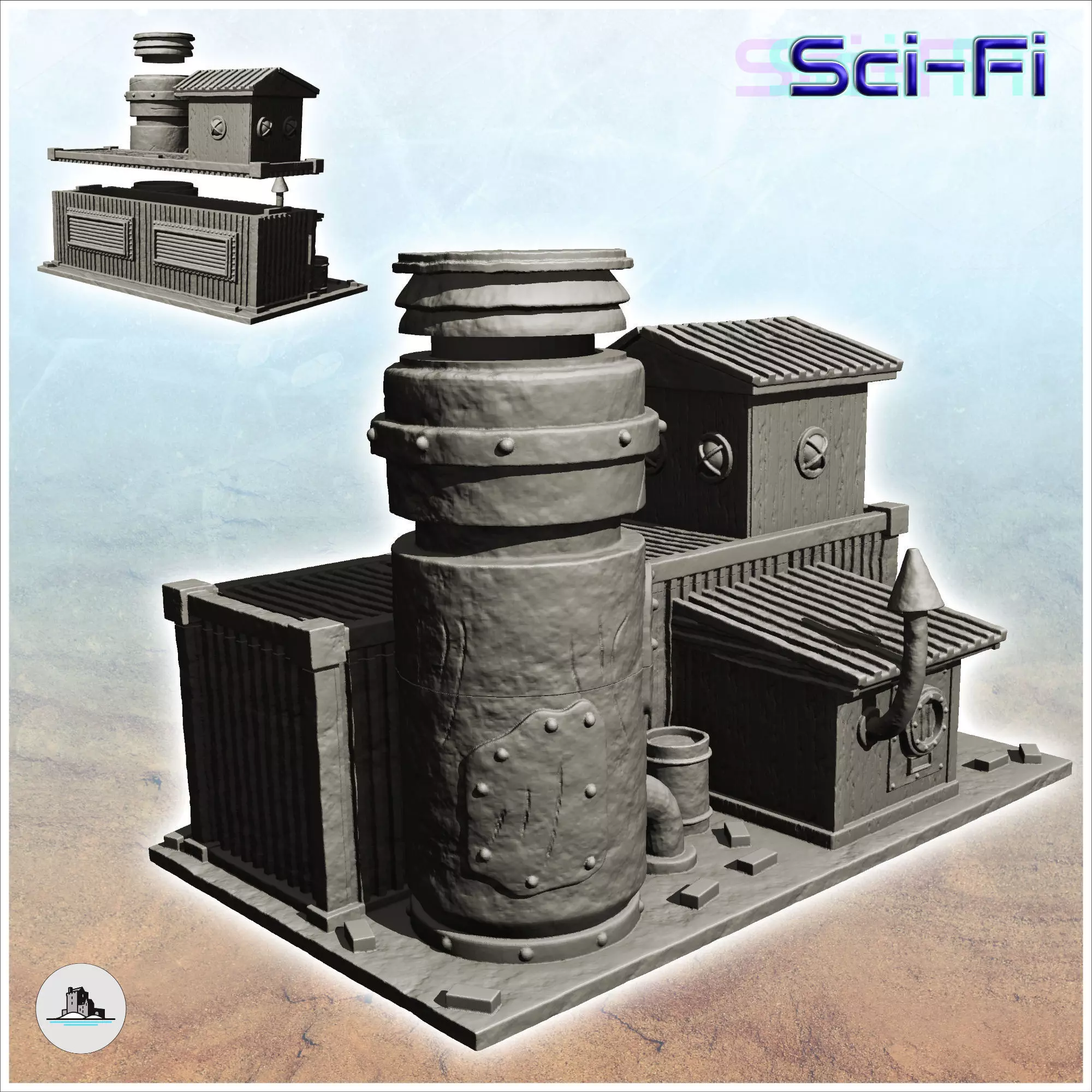 Container-based workshop with large central chimney -6- 3D print model_0