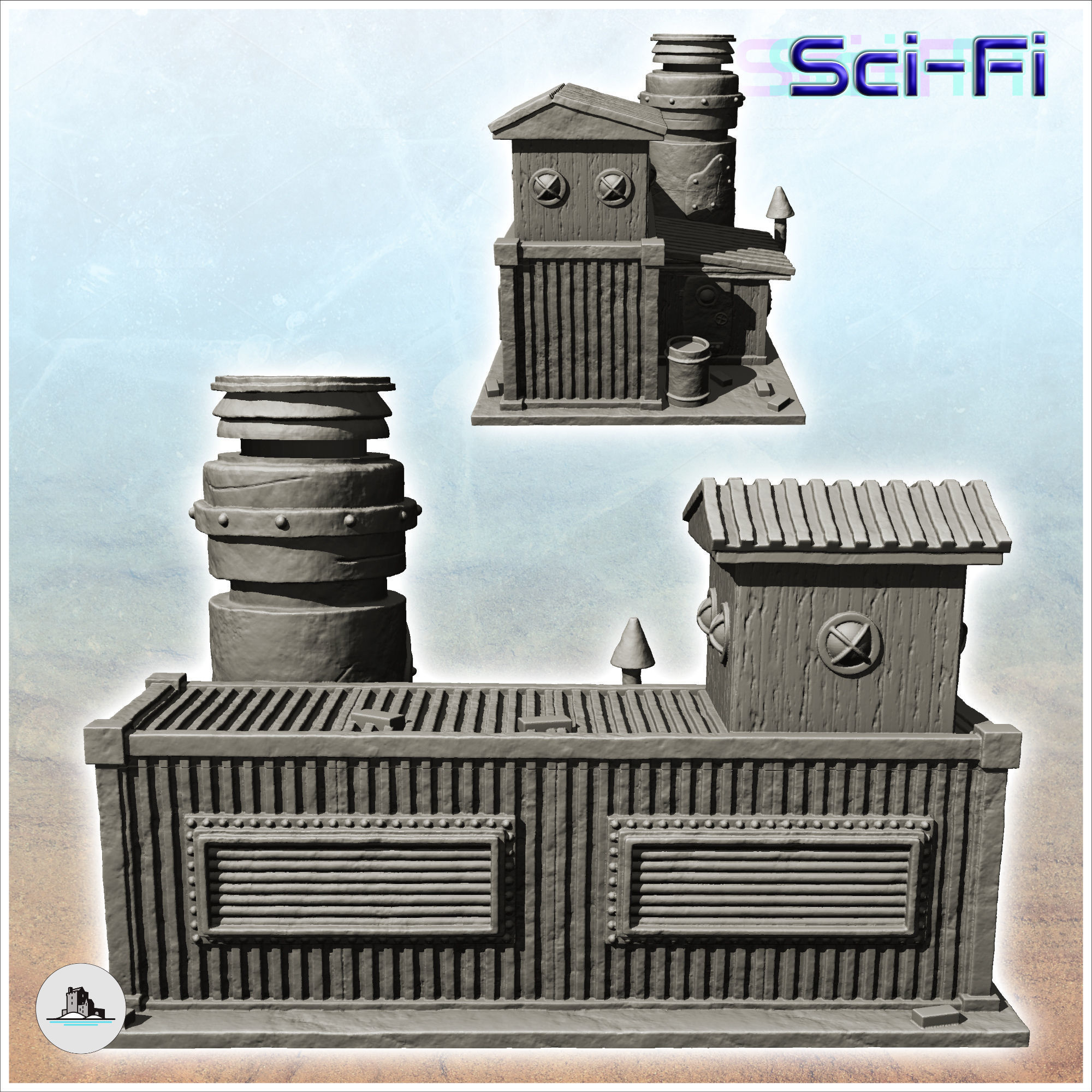 Container-based workshop with large central chimney -6- 3D print model_3