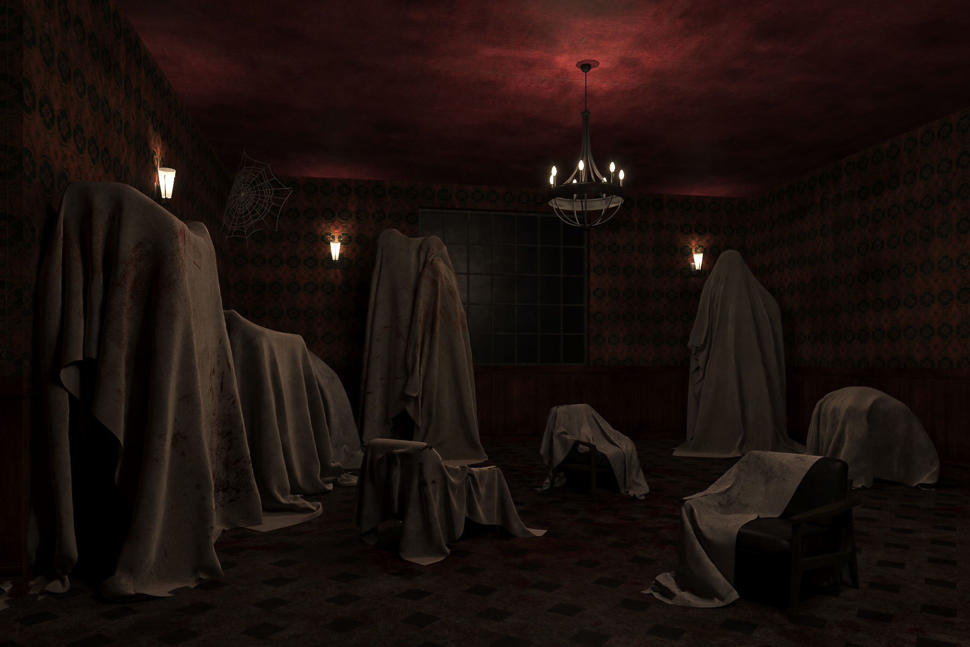 low poly old bloody haunted room Low-poly 3D model_2