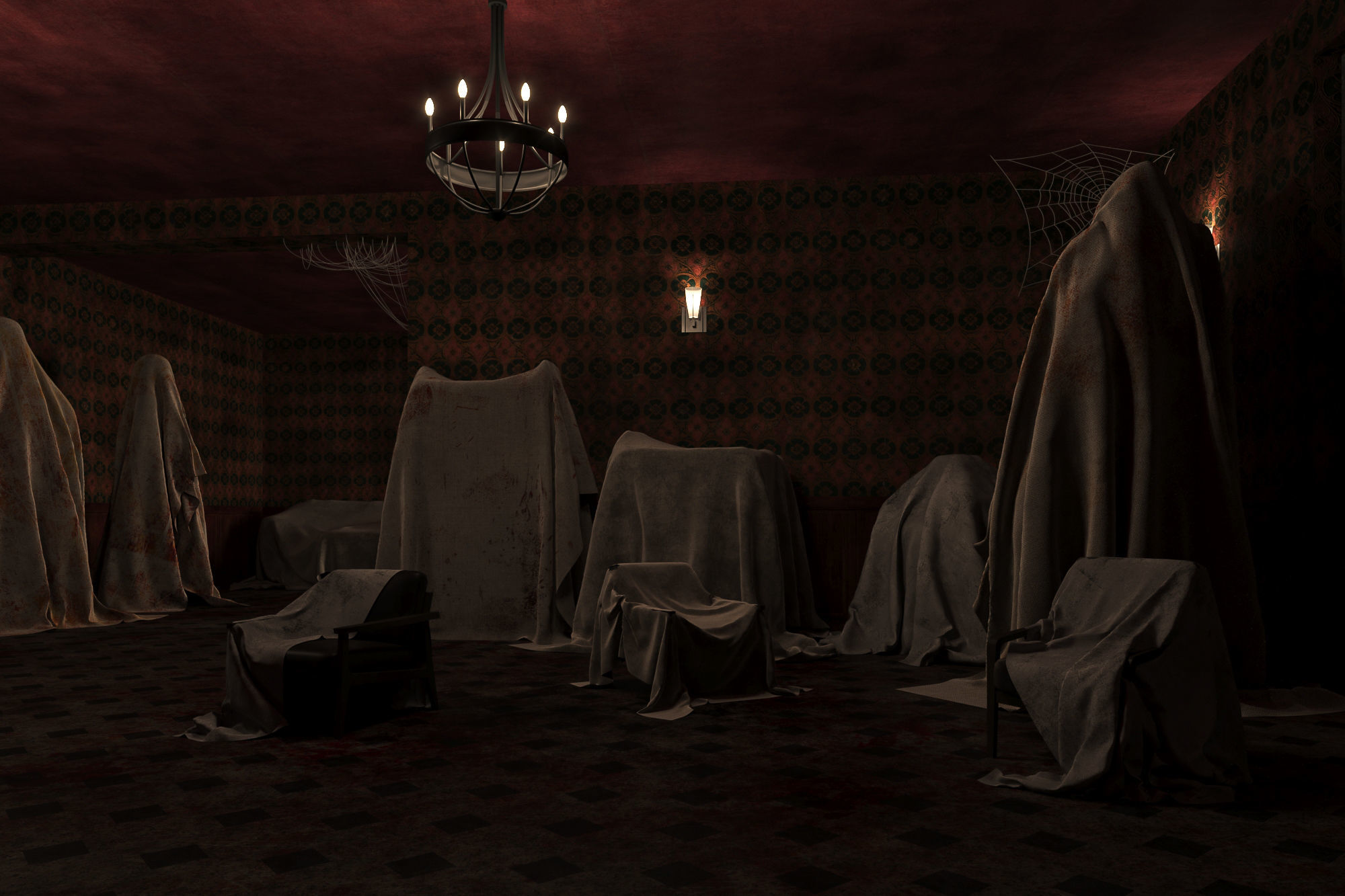 low poly old bloody haunted room Low-poly 3D model_1