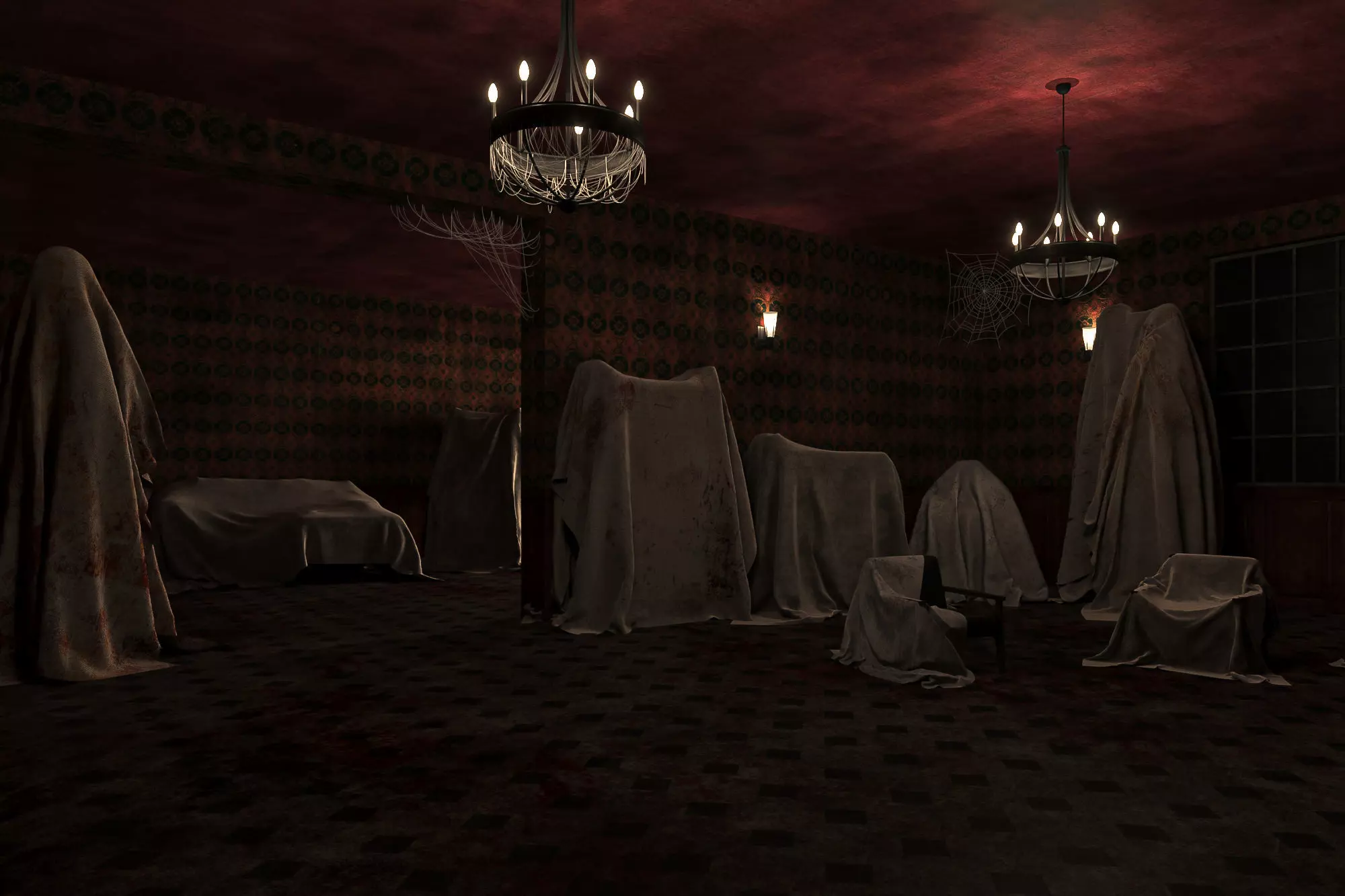 low poly old bloody haunted room Low-poly 3D model_0