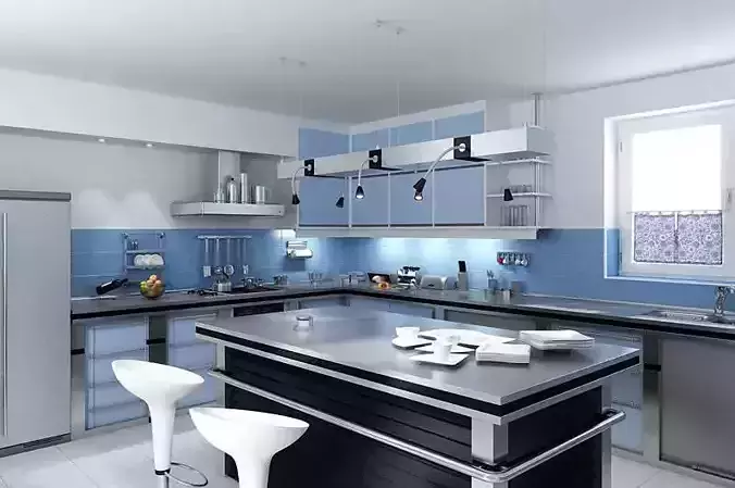 Blue Kitchen With Island Table