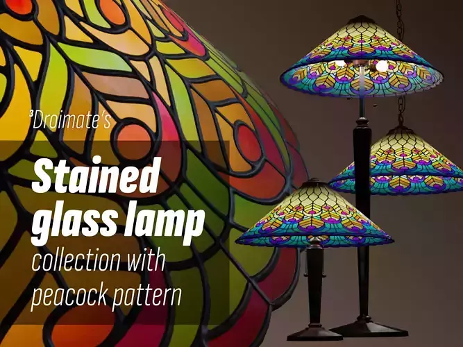 Stained glass lamp collection with peacock pattern Low-poly 3D model