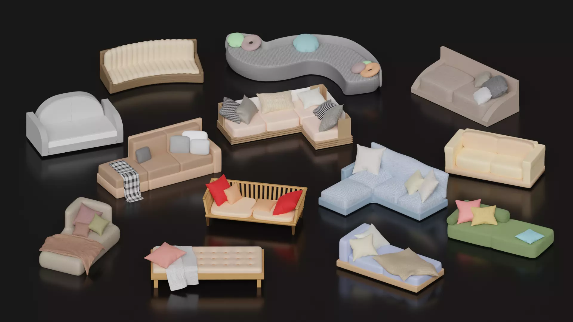 Sofa Collection 13 Items 3d models furniture Low-poly 3D model_0