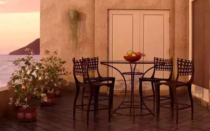 Outdoor Table With Dark Brown Chairs 3D model