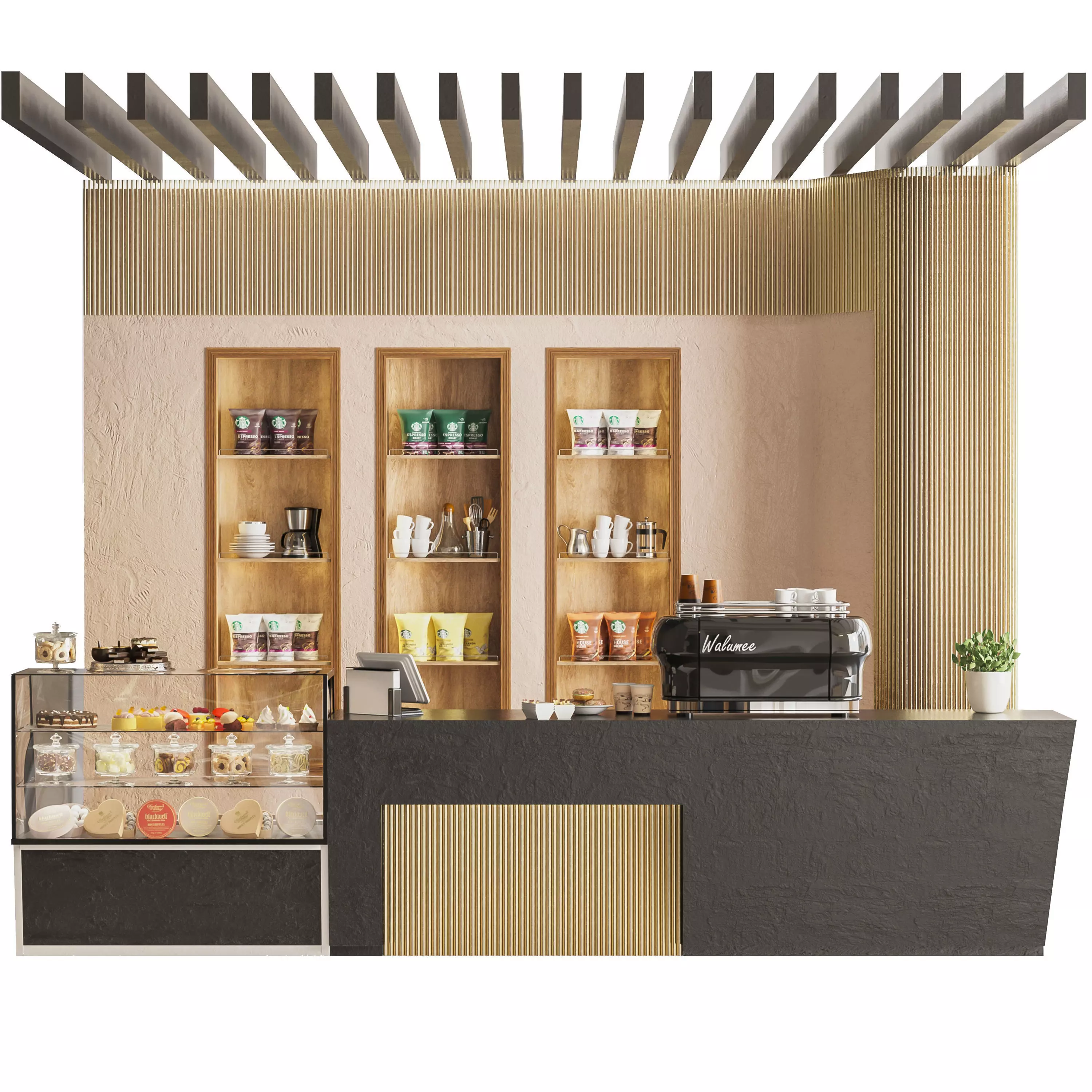 Coffee with a showcase with desserts 3D model_0