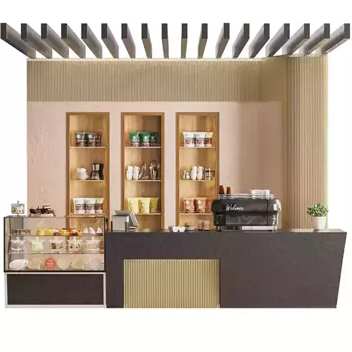 Coffee with a showcase with desserts