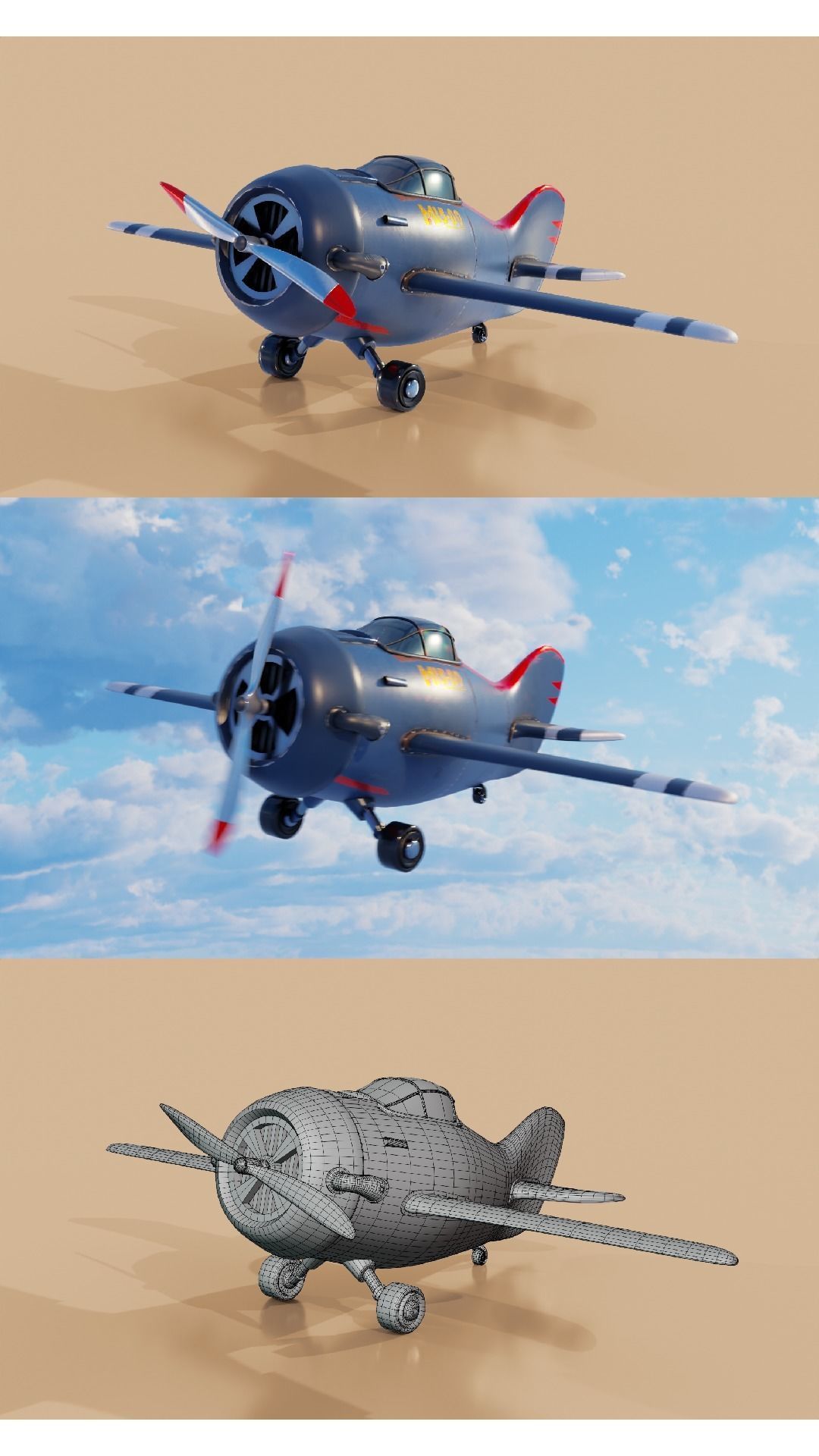Stylized Cartoon Aircraft 3D model - Game Ready Low-poly 3D model_10