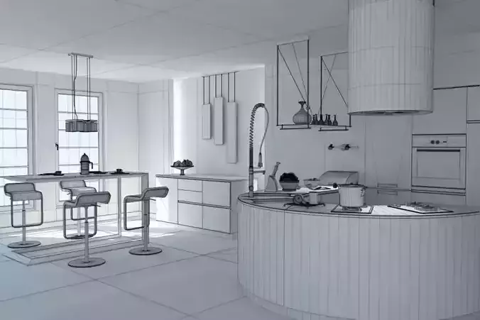 Kitchen And Dining Room Decorated In Red Color