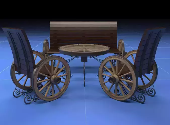 Cartwheel table and seating group 3D model