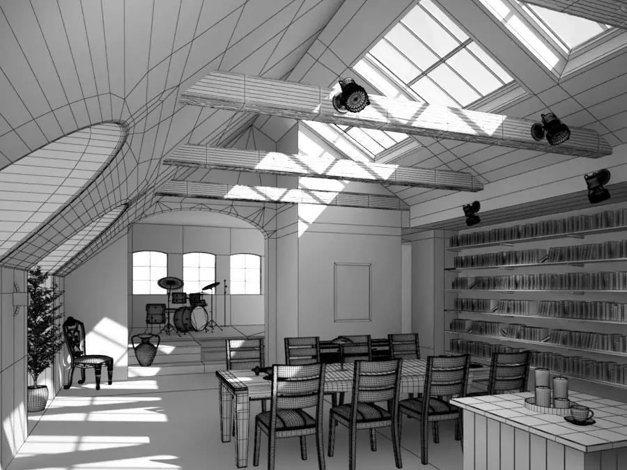 Roof Windows In A Cozy Studio Dining Room 3D model