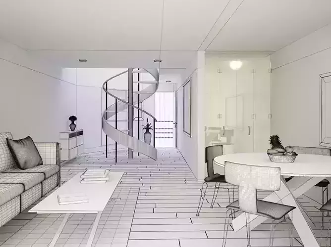 Black And White Interior With Round Staircase