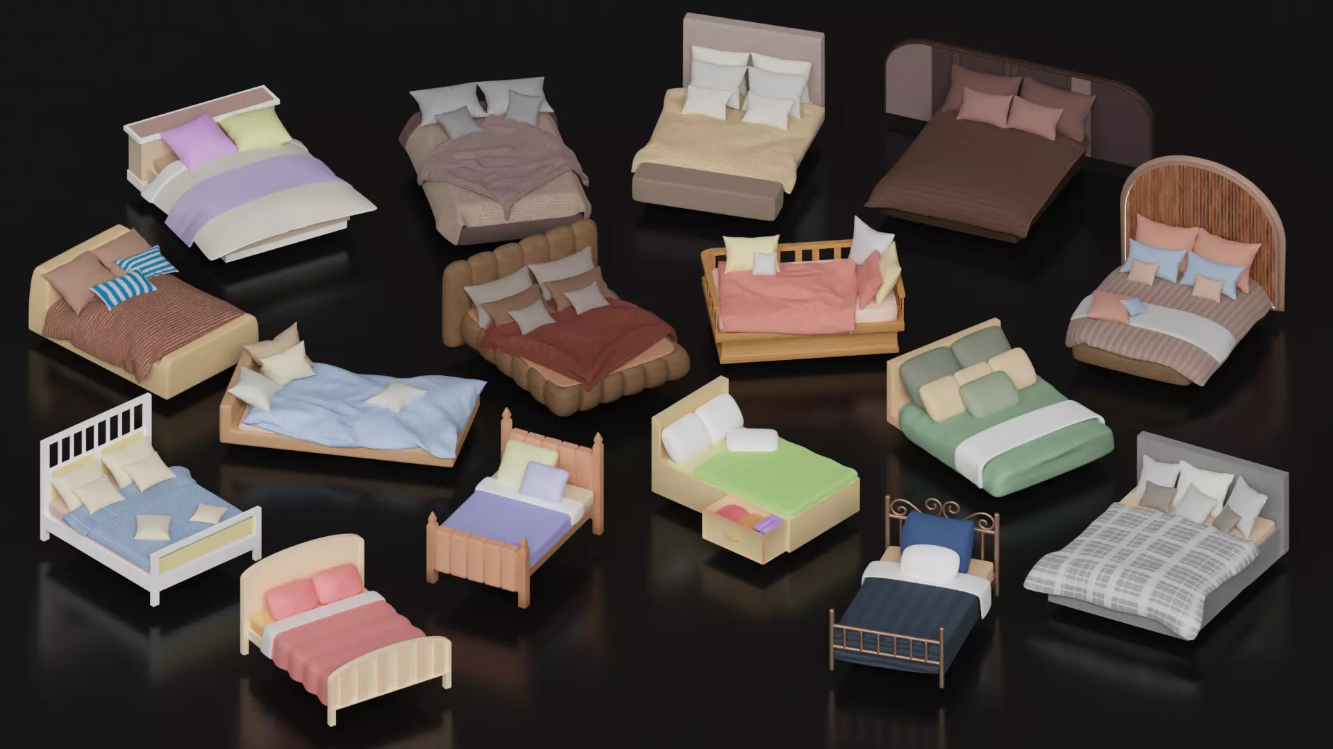 Bed Collection 16 Items 3d models furniture Low-poly 3D model