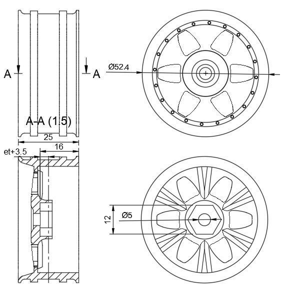 D52mm 12MM HEX RC Wheels SSR Vienna Kreis with and without tires 3D print model_5