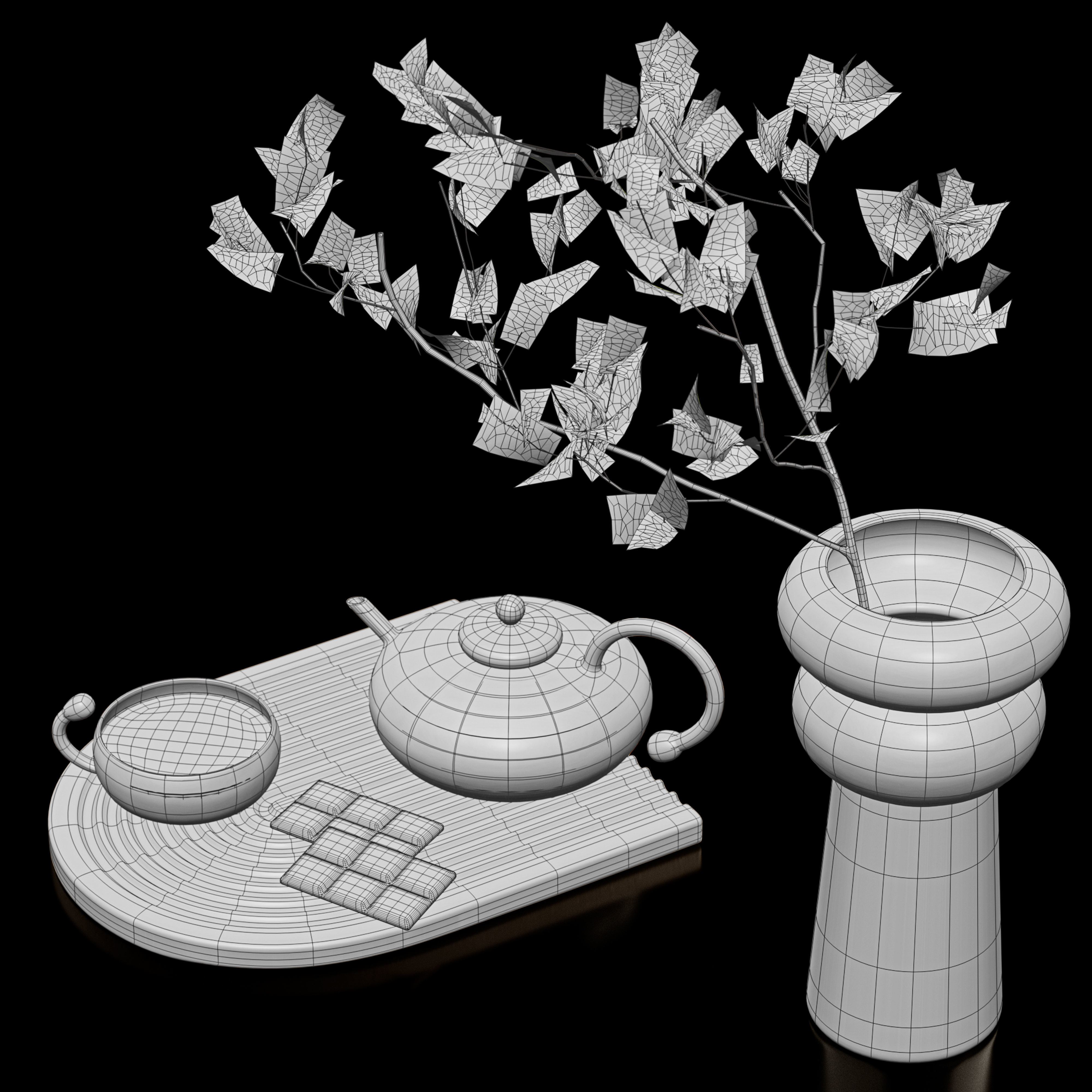 Decorative set 1 tea with vase and leaves on tray 3D model_1