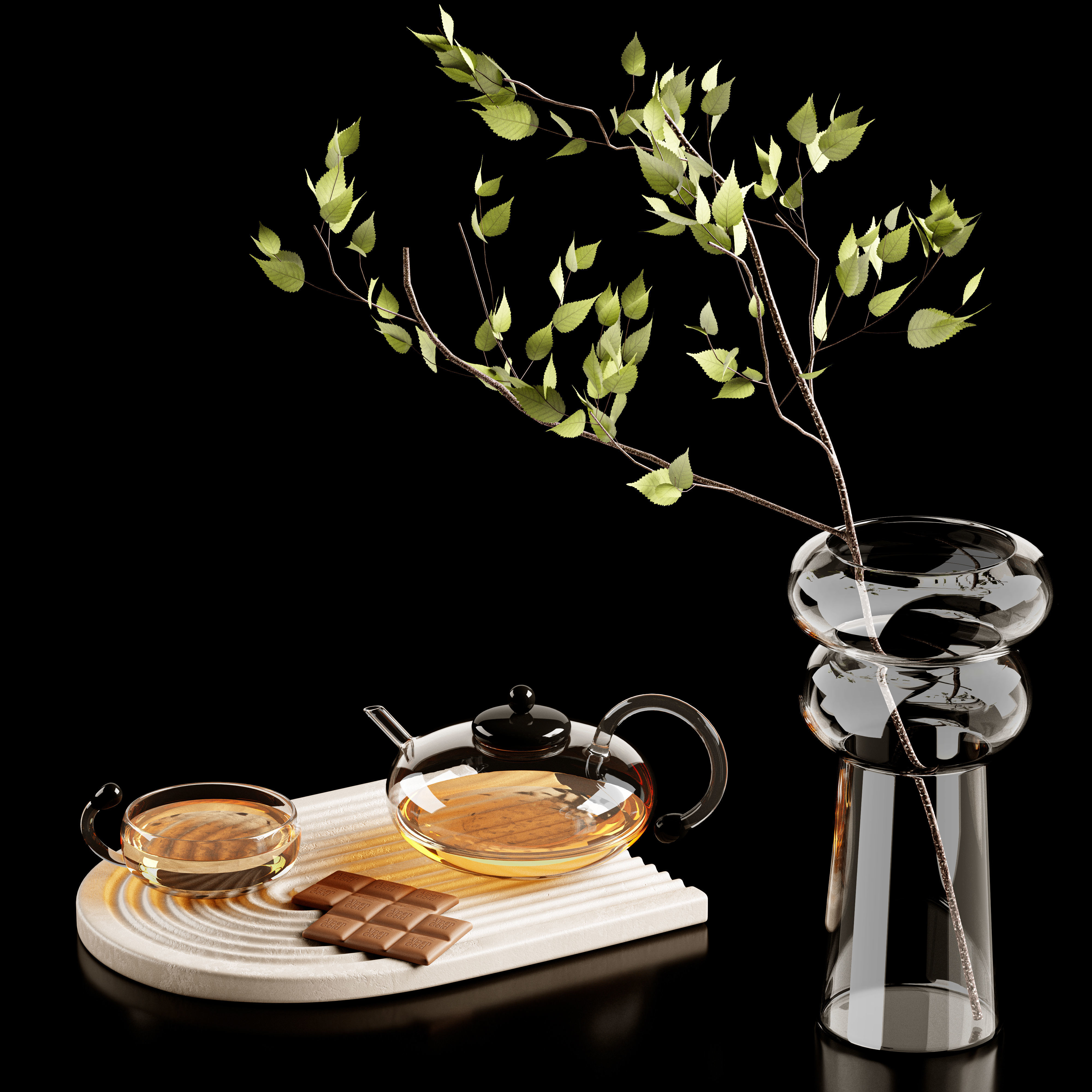 Decorative set 1 tea with vase and leaves on tray 3D model_2