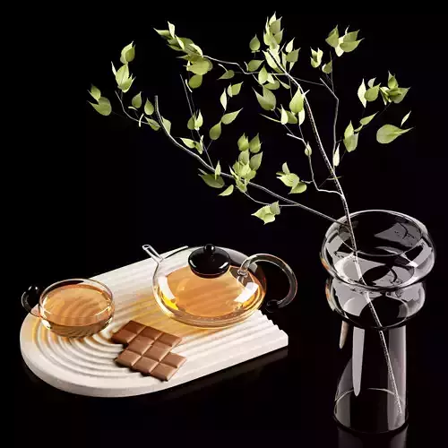 Decorative set 1 tea with vase and leaves on tray