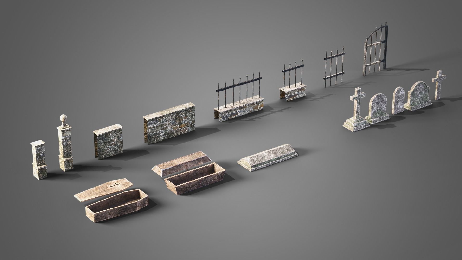 Graveyard set four gravestones Low-poly 3D model_3