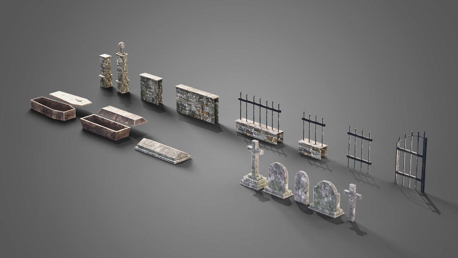 Graveyard set four gravestones Low-poly 3D model_2