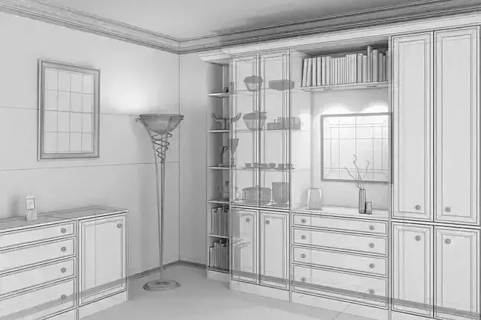 Old Fashioned Apartment With Wooden Cupboard And A Golden Lamp