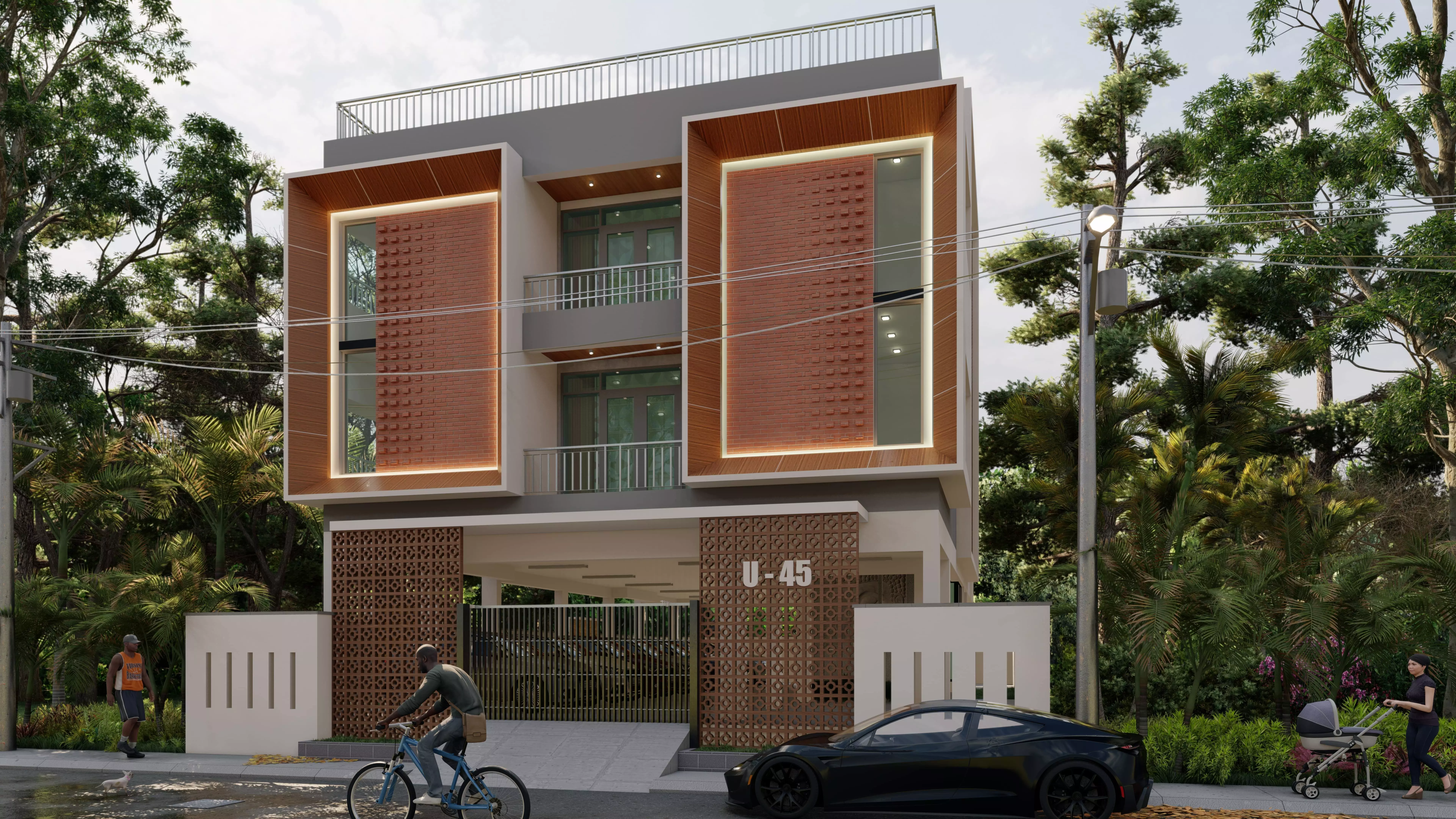 Modern Stilt and two floors Residential Design 3D model_0