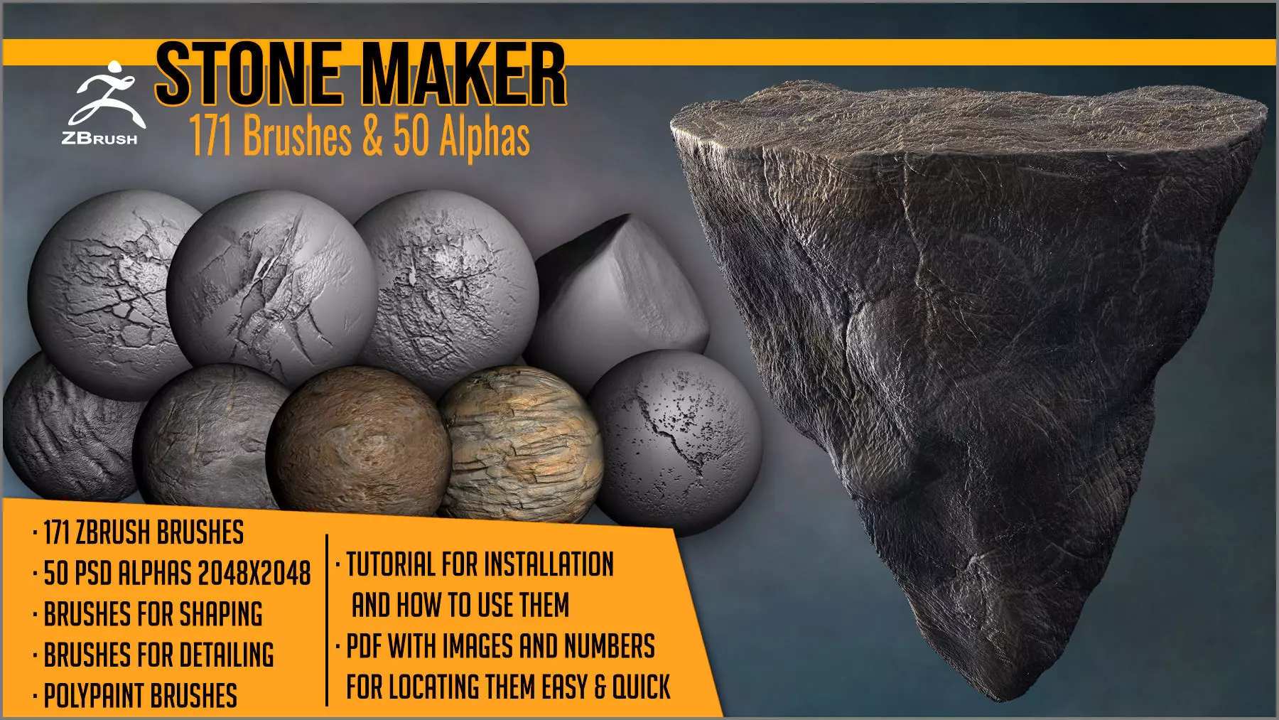 Stone Maker for ZBrush 171 ZBrush Brushes And 50 Alphas Texture_0