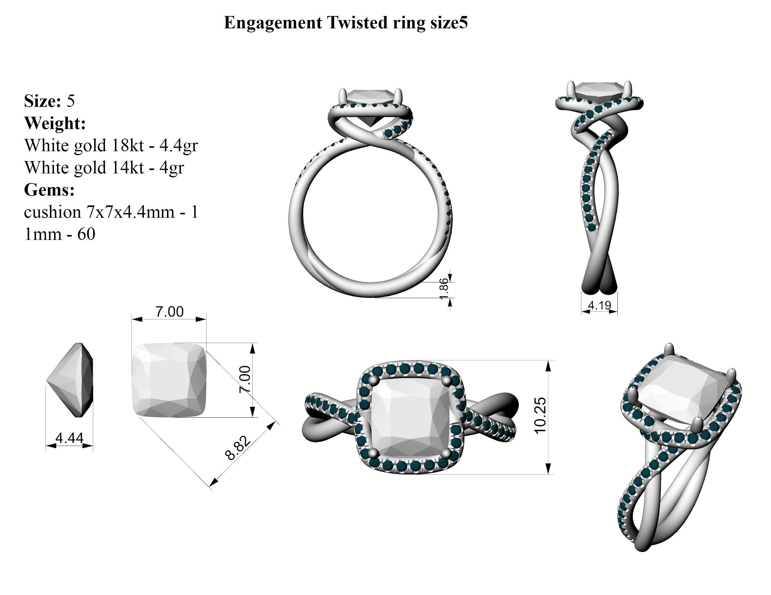 Engagement twisted ring with cushion All Sizes 3D print model_4