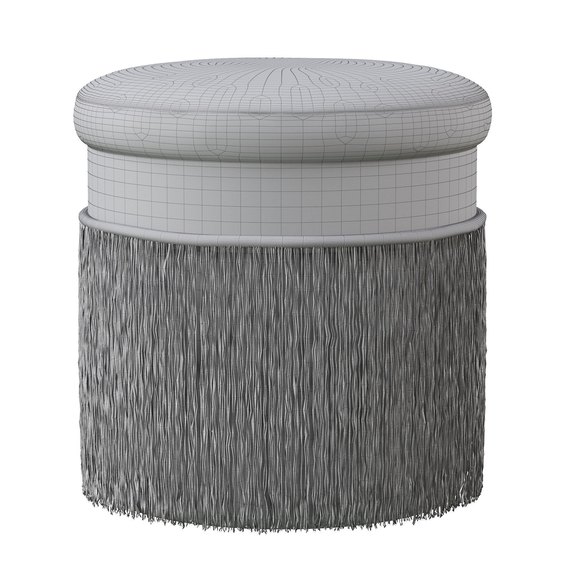 BLUSH MAUVE PINK LONG FRINGED ROUND VELVET OTTOMAN FOOTSTOOL 3D model_3