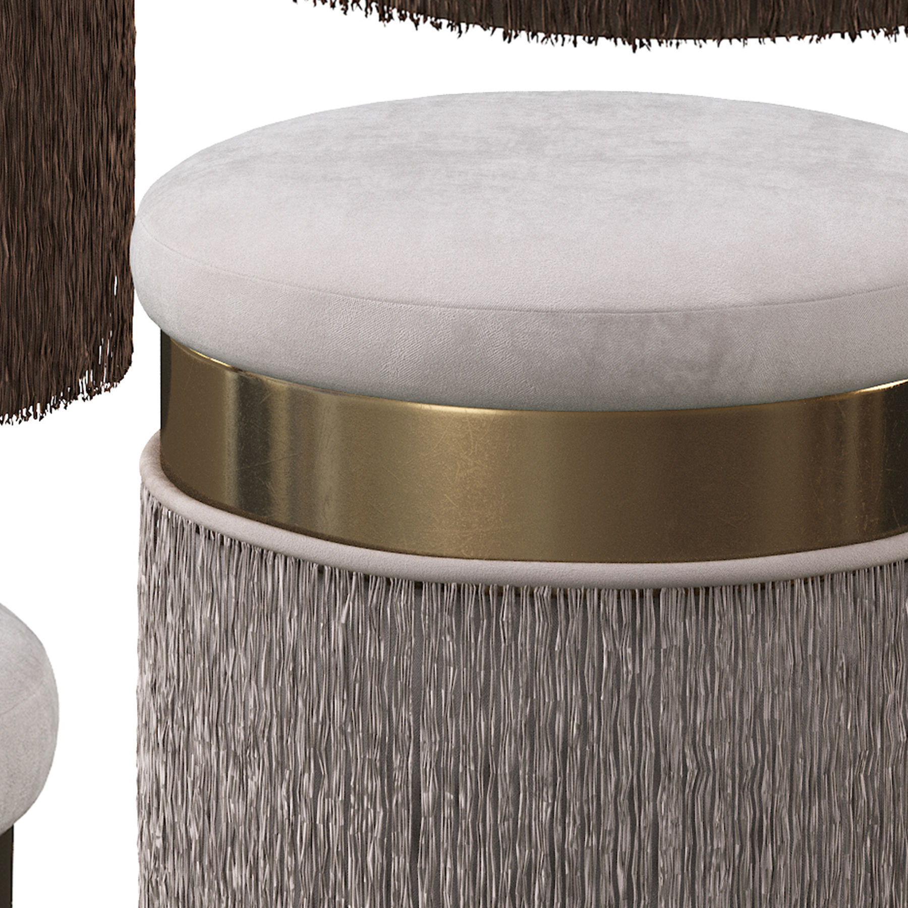 BLUSH MAUVE PINK LONG FRINGED ROUND VELVET OTTOMAN FOOTSTOOL 3D model_14