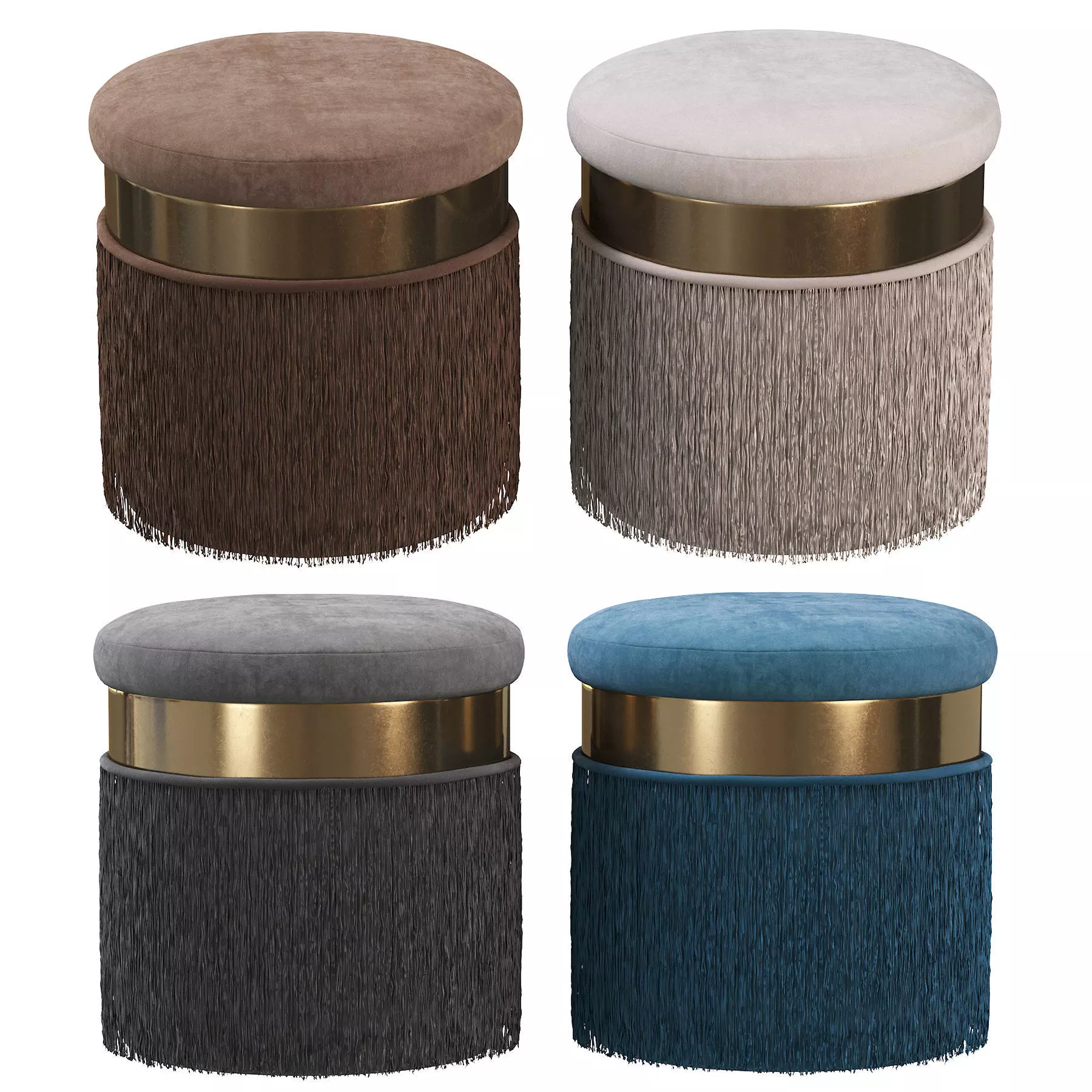 BLUSH MAUVE PINK LONG FRINGED ROUND VELVET OTTOMAN FOOTSTOOL 3D model_0