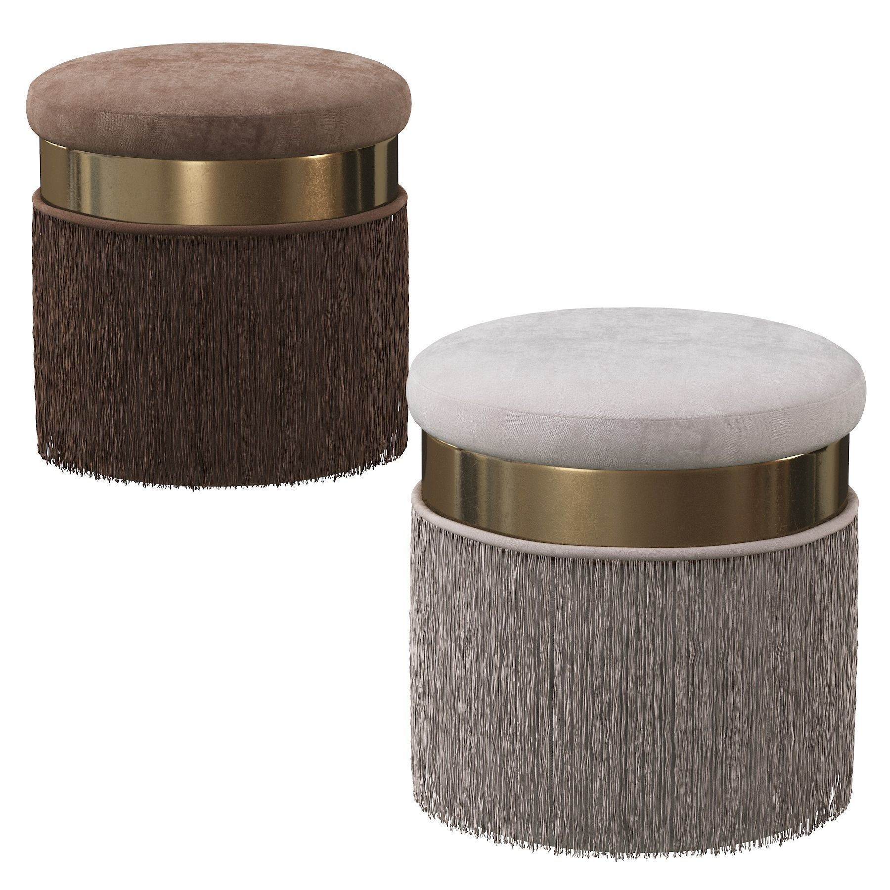 BLUSH MAUVE PINK LONG FRINGED ROUND VELVET OTTOMAN FOOTSTOOL 3D model_18