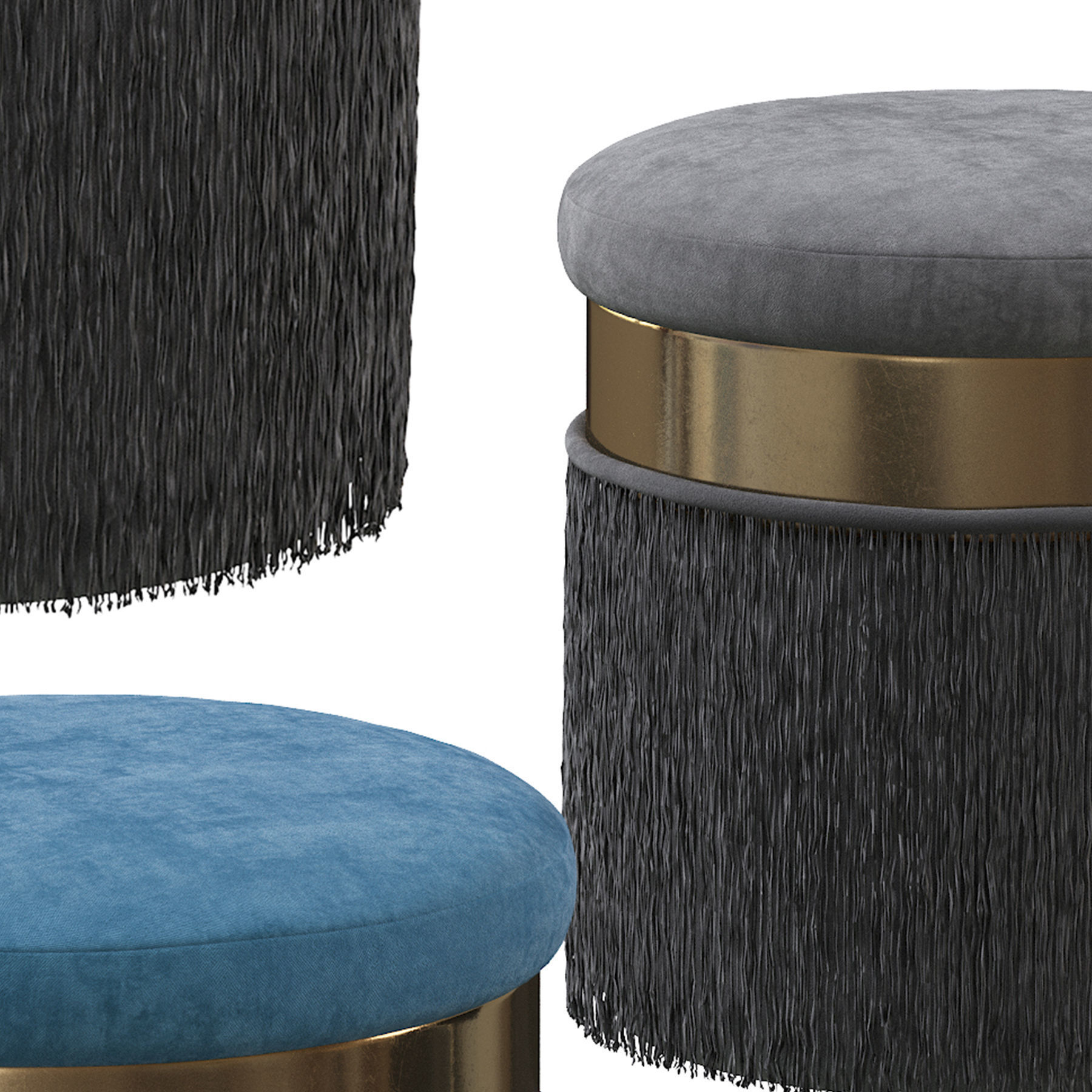 BLUSH MAUVE PINK LONG FRINGED ROUND VELVET OTTOMAN FOOTSTOOL 3D model_10