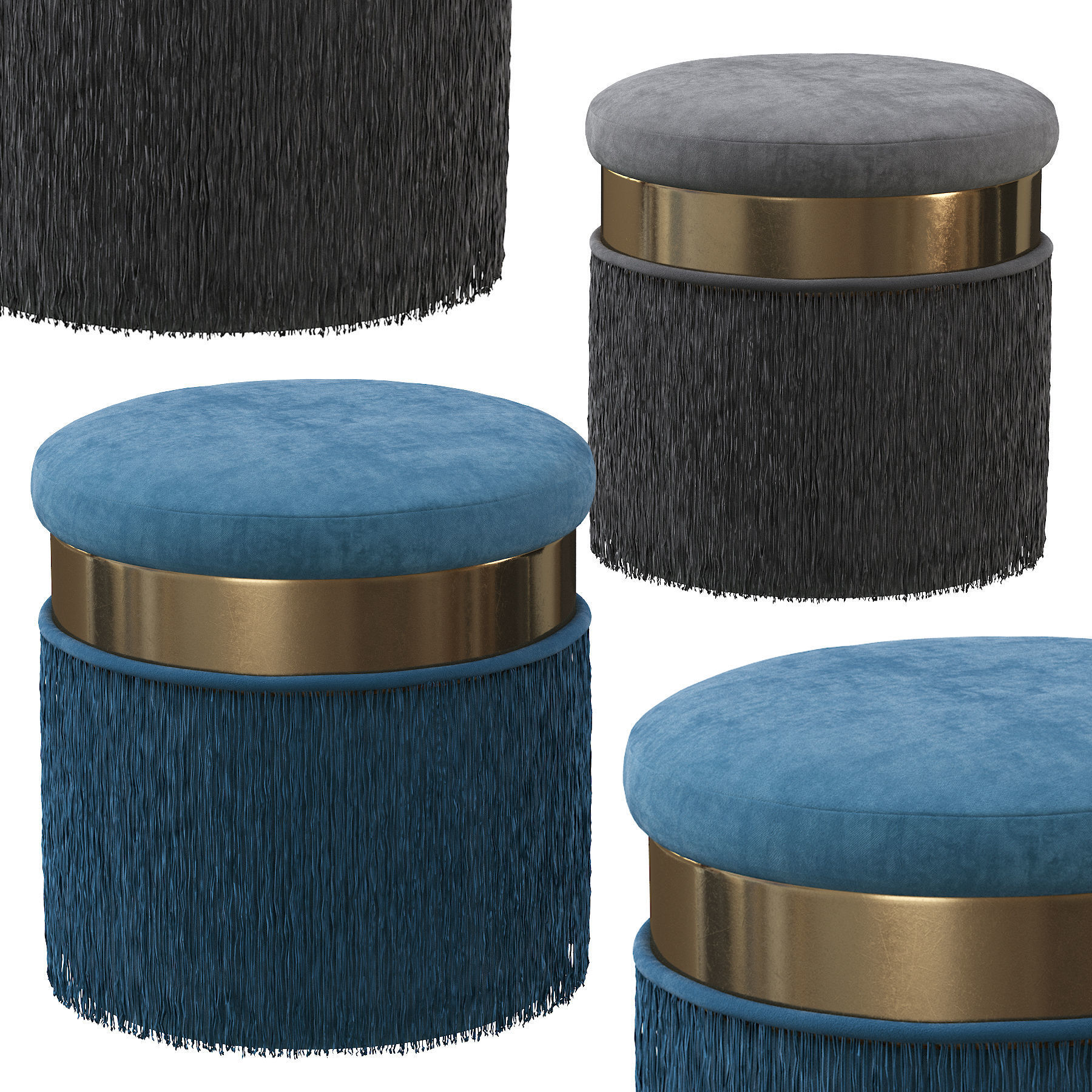 BLUSH MAUVE PINK LONG FRINGED ROUND VELVET OTTOMAN FOOTSTOOL 3D model_1