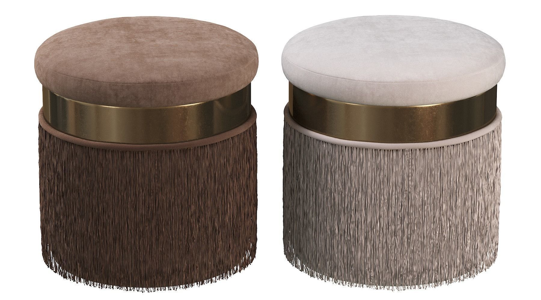 BLUSH MAUVE PINK LONG FRINGED ROUND VELVET OTTOMAN FOOTSTOOL 3D model_16