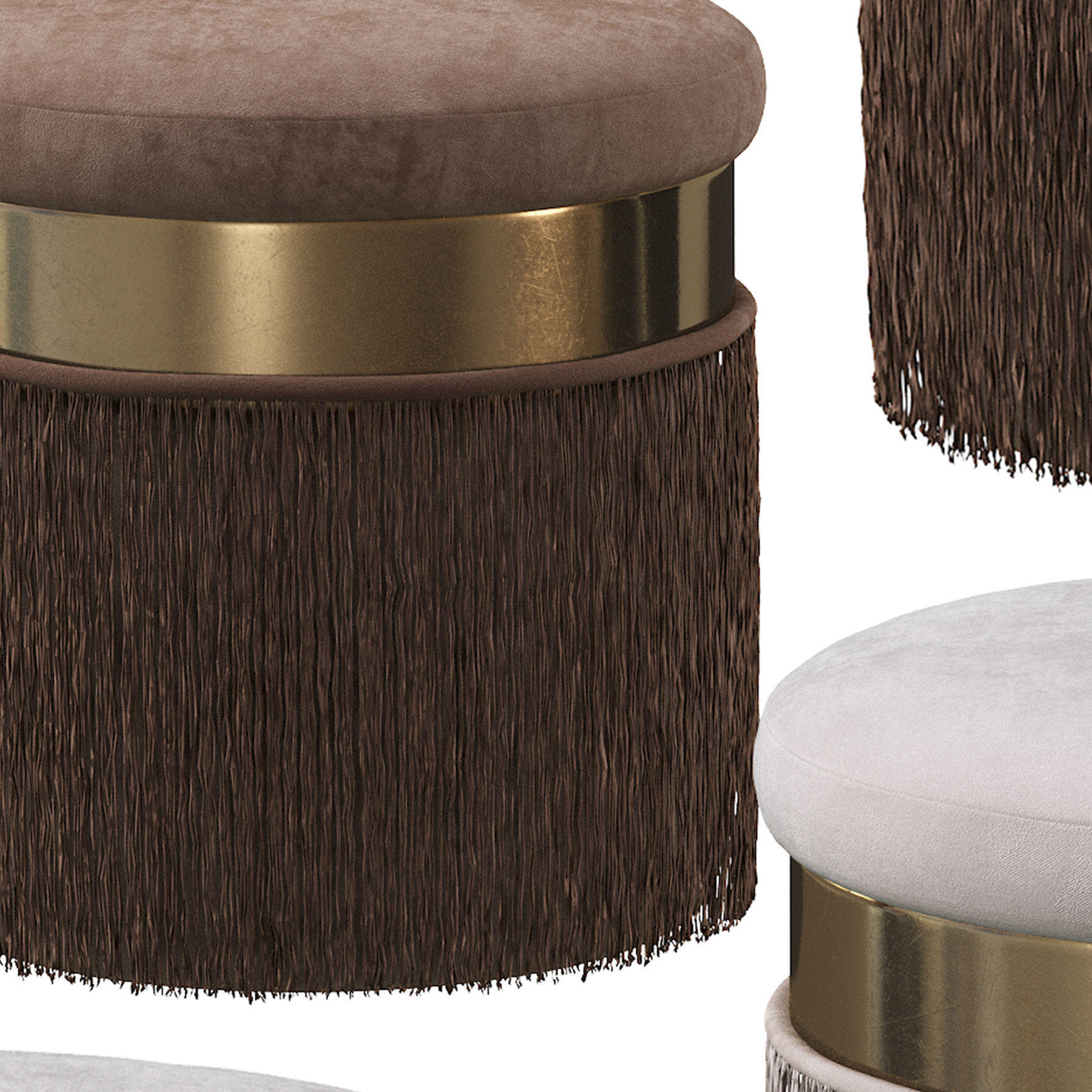 BLUSH MAUVE PINK LONG FRINGED ROUND VELVET OTTOMAN FOOTSTOOL 3D model_12