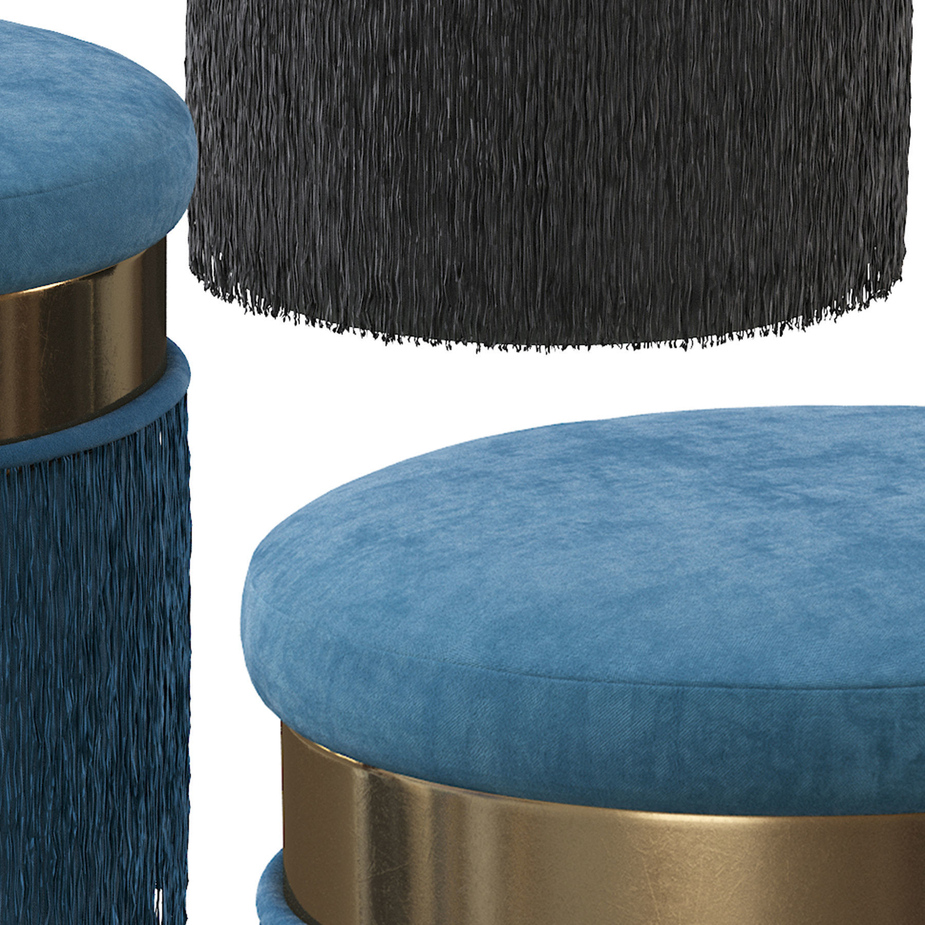 BLUSH MAUVE PINK LONG FRINGED ROUND VELVET OTTOMAN FOOTSTOOL 3D model_9